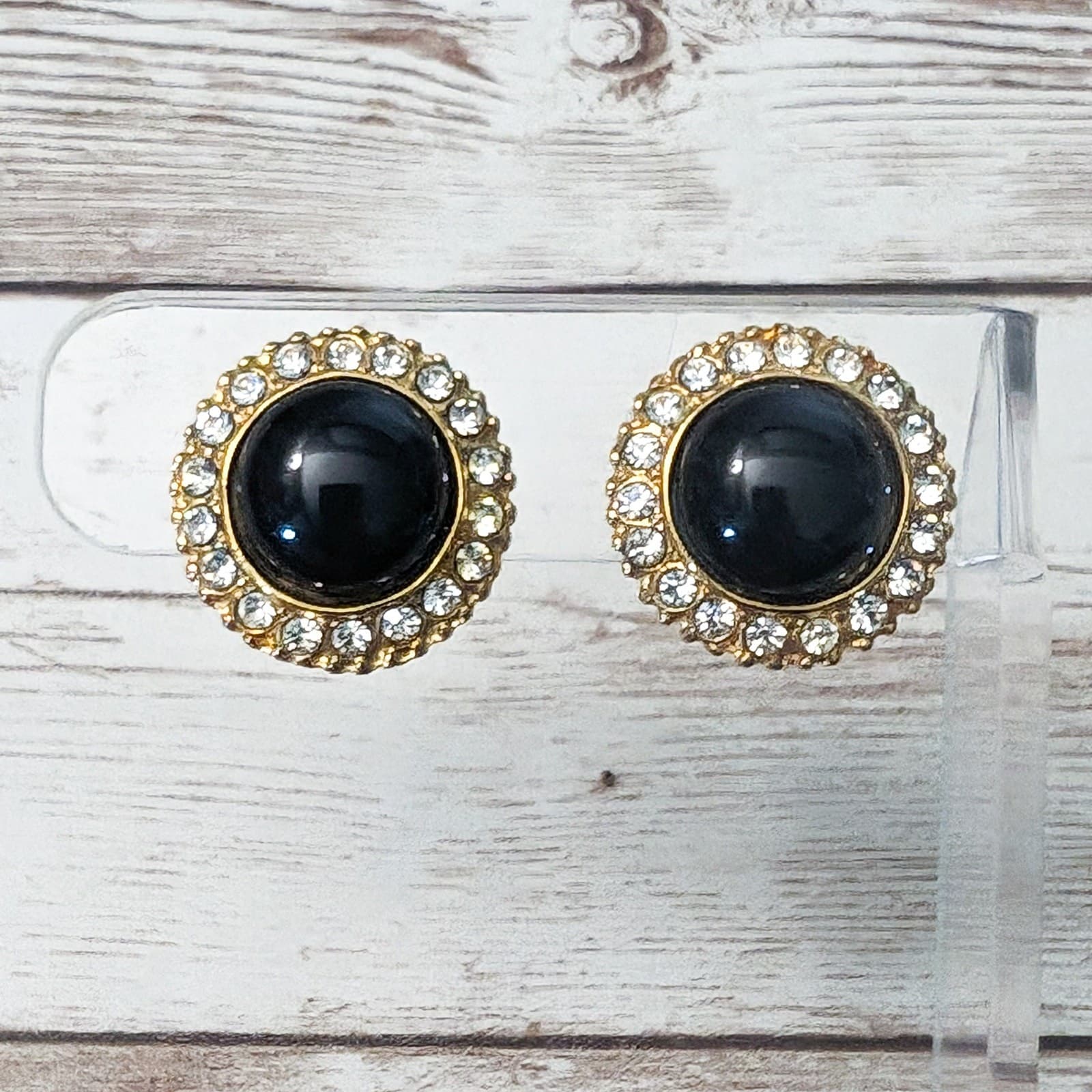 Vintage Clip On Earrings Statement Earrings Black, Gold Tone, Clear Gems