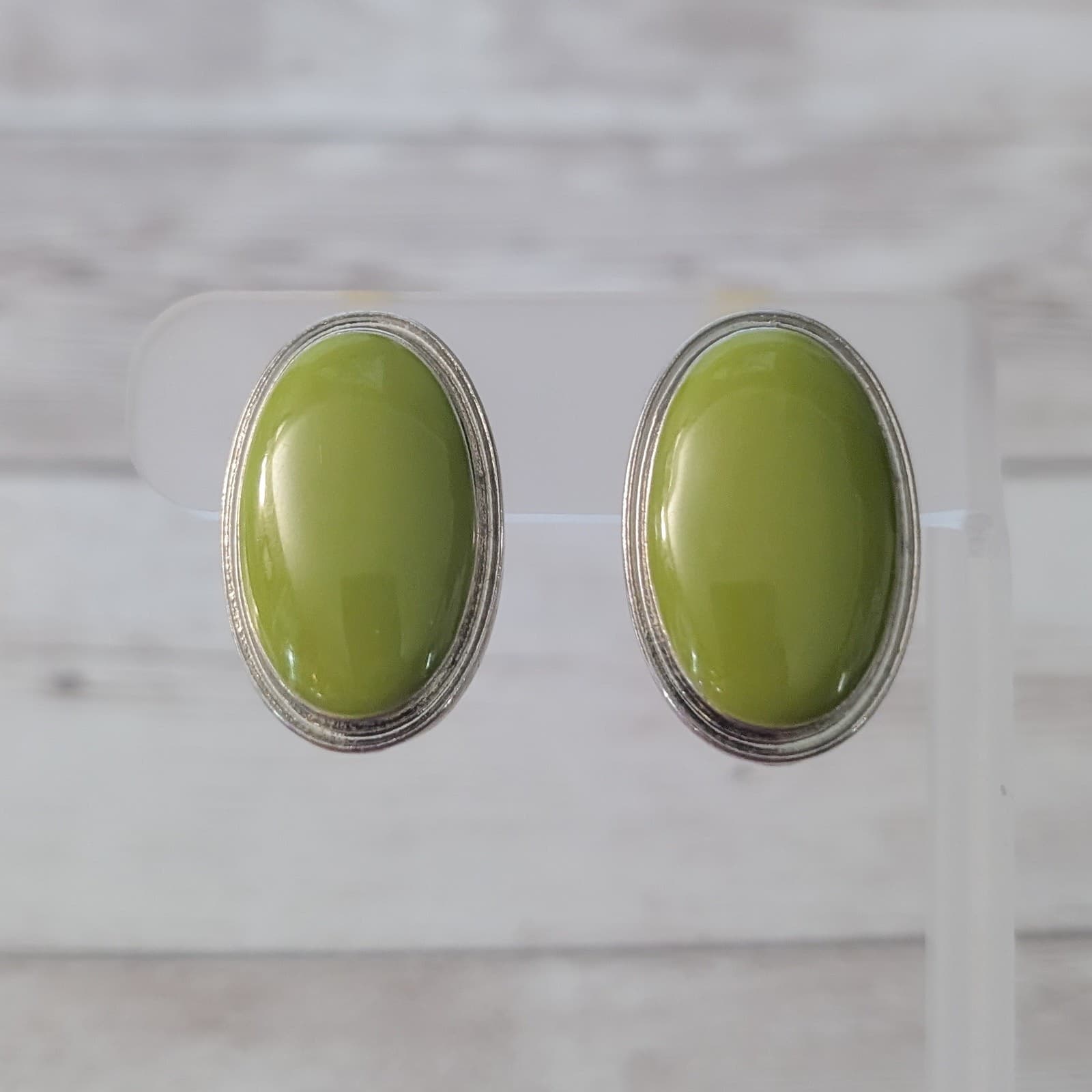 Vintage Clip On Earrings 1 & 1/8" Green Oval Large Statement