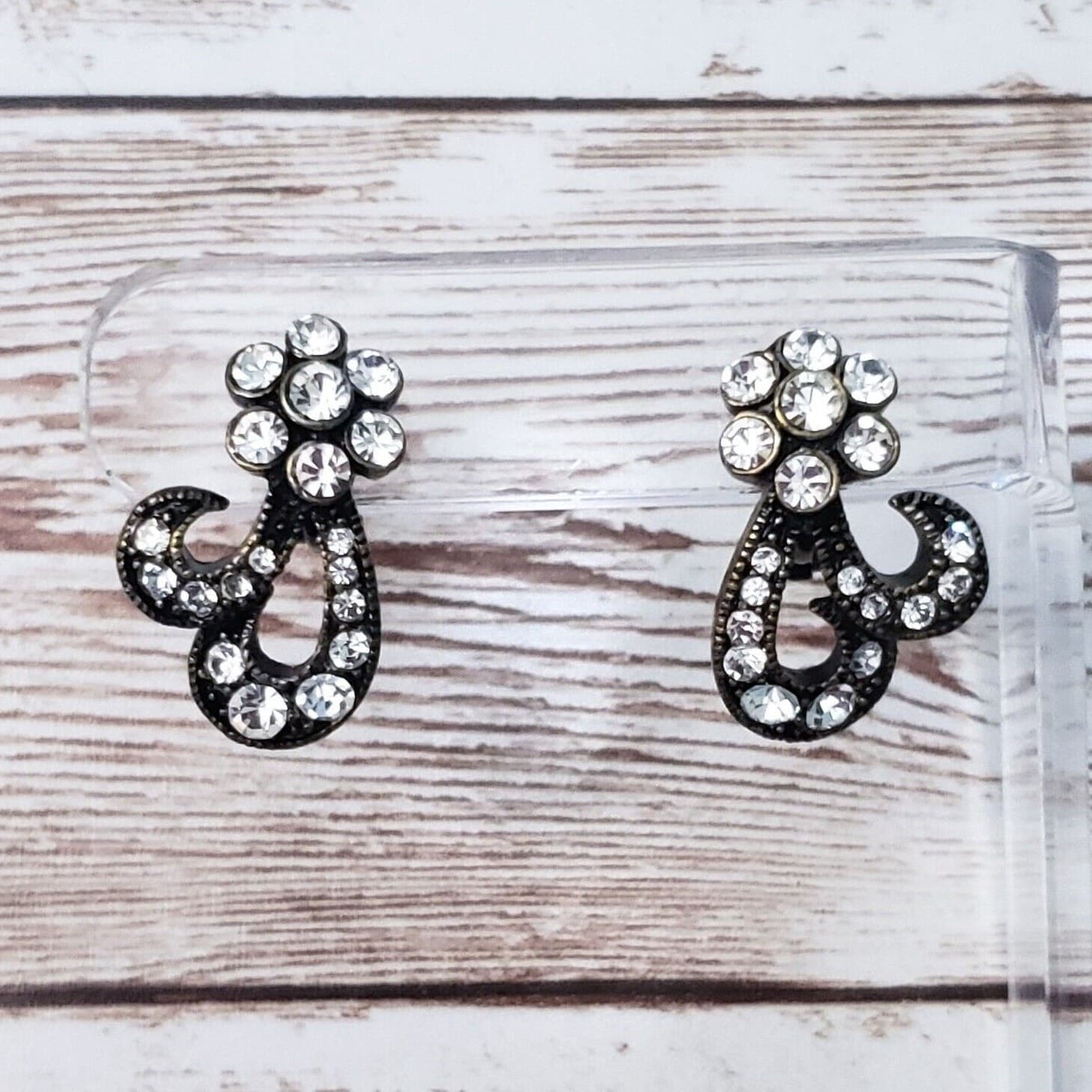 Vintage Clip On Earrings Dark Metal & Clear Gem 1"