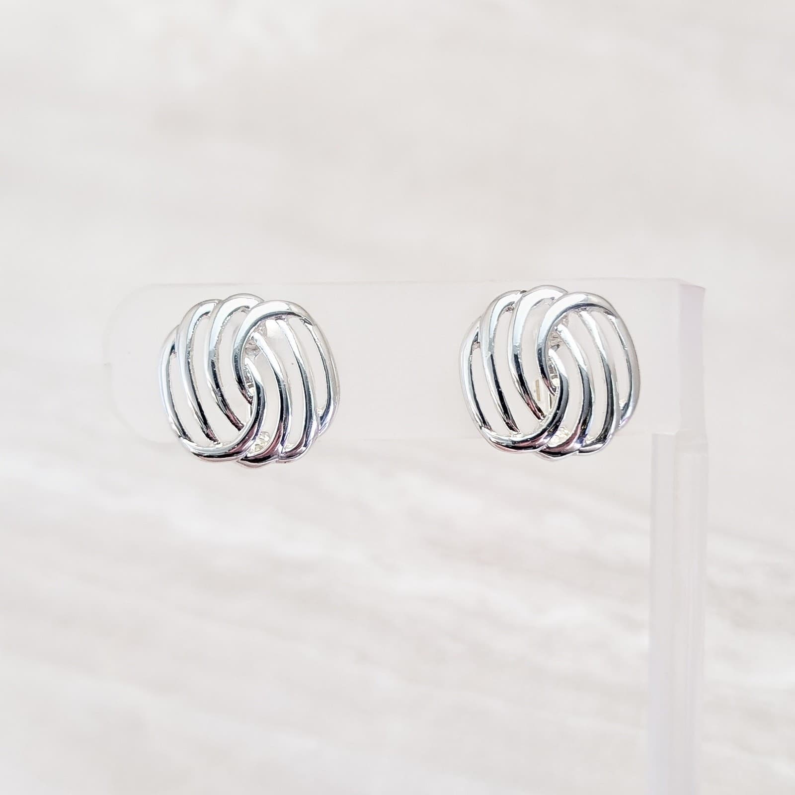 Vintage Clip On Earrings Stylish Silver Tone Swirl Like