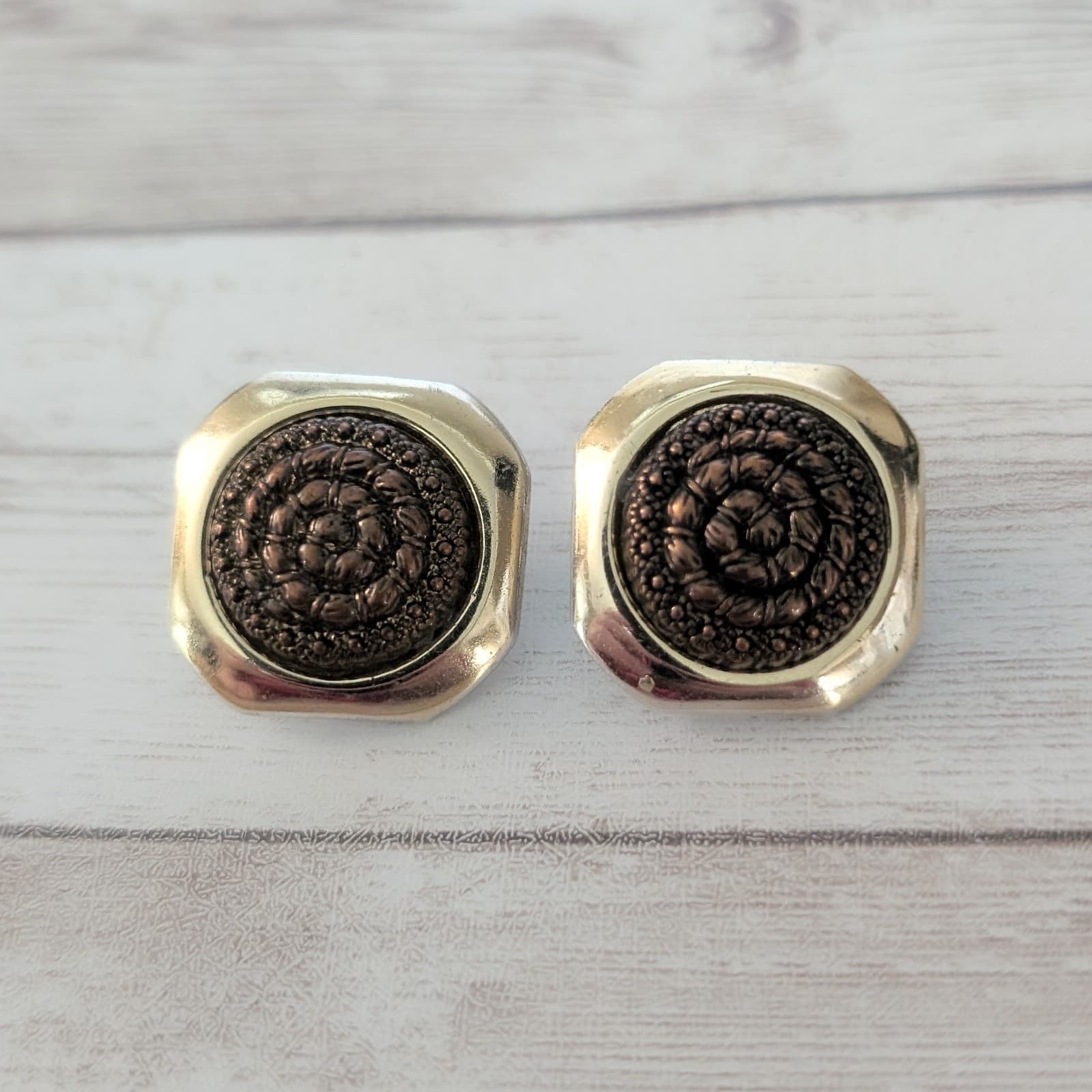 Vintage Clip On Earrings Brown Spiral Center with Gold Tone Unusual Halo