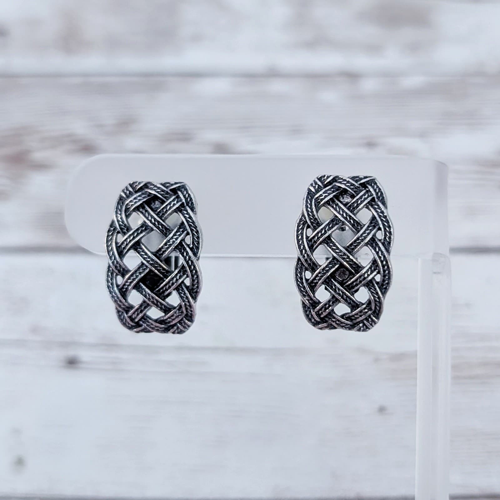 Vintage Clip On Earrings Statement Dark Silver Tone Woven Design