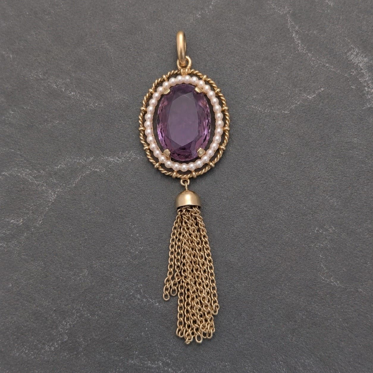 Vintage Avon Royal Elegance Pendant Purple Stone, Gold Tone, Faux Pearl 1970s