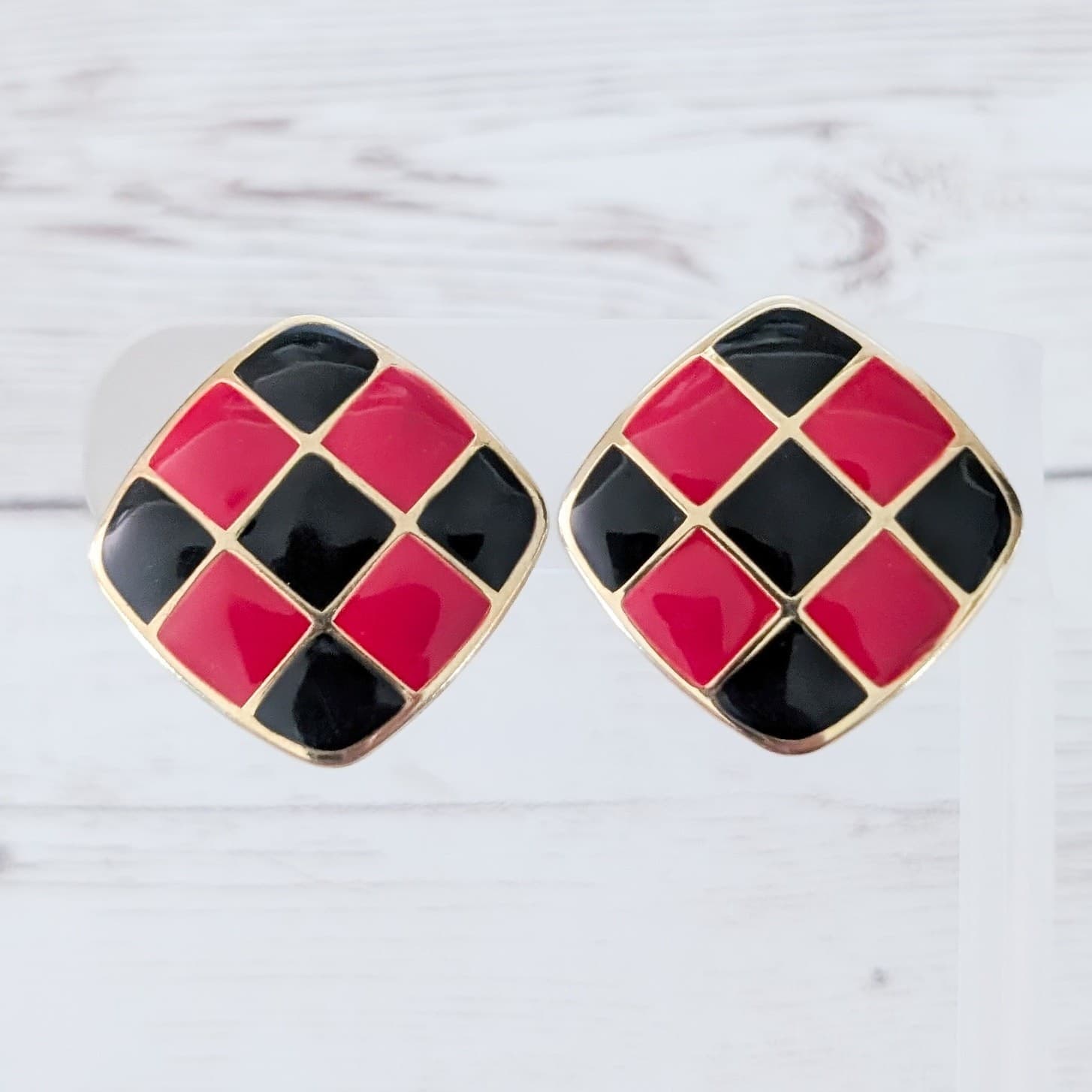 Vintage Clip On Earrings Black, Red, Gold Tone Checkered Pattern