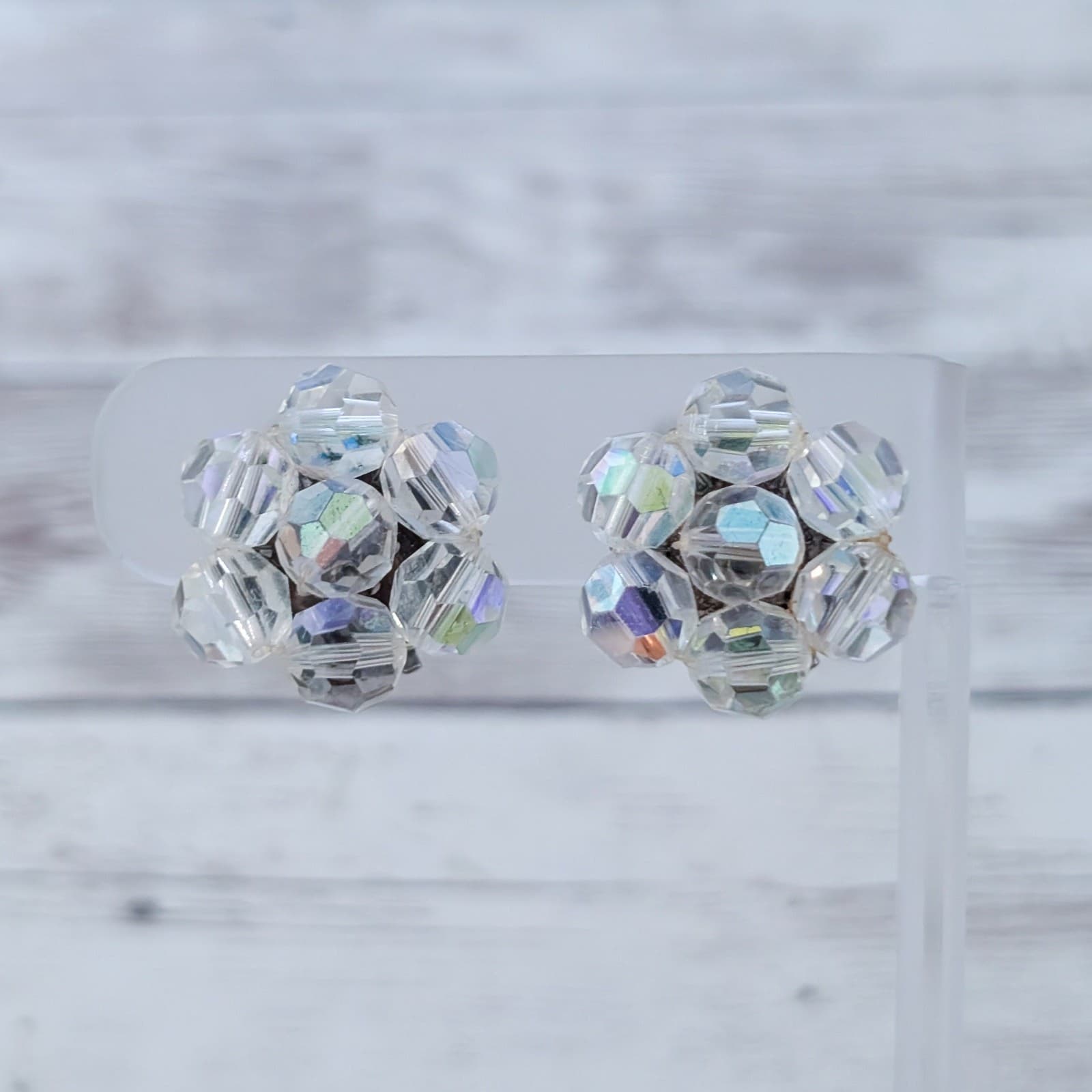 Vintage Clip On Earrings 7/8" Beaded Cluster Clear with Iridescent Finish