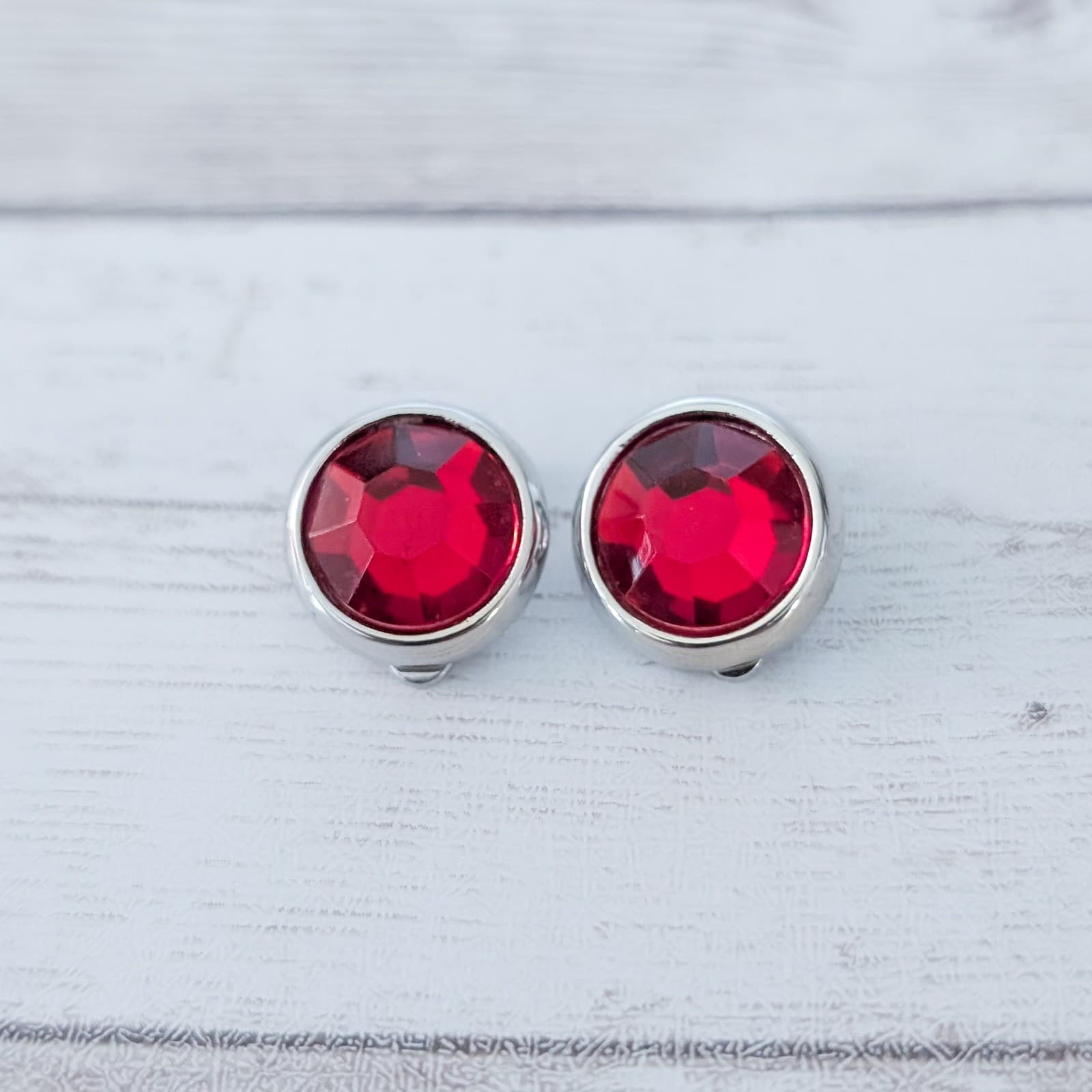 Vintage Clip On Earrings Red Gem with Silver Tone Halo