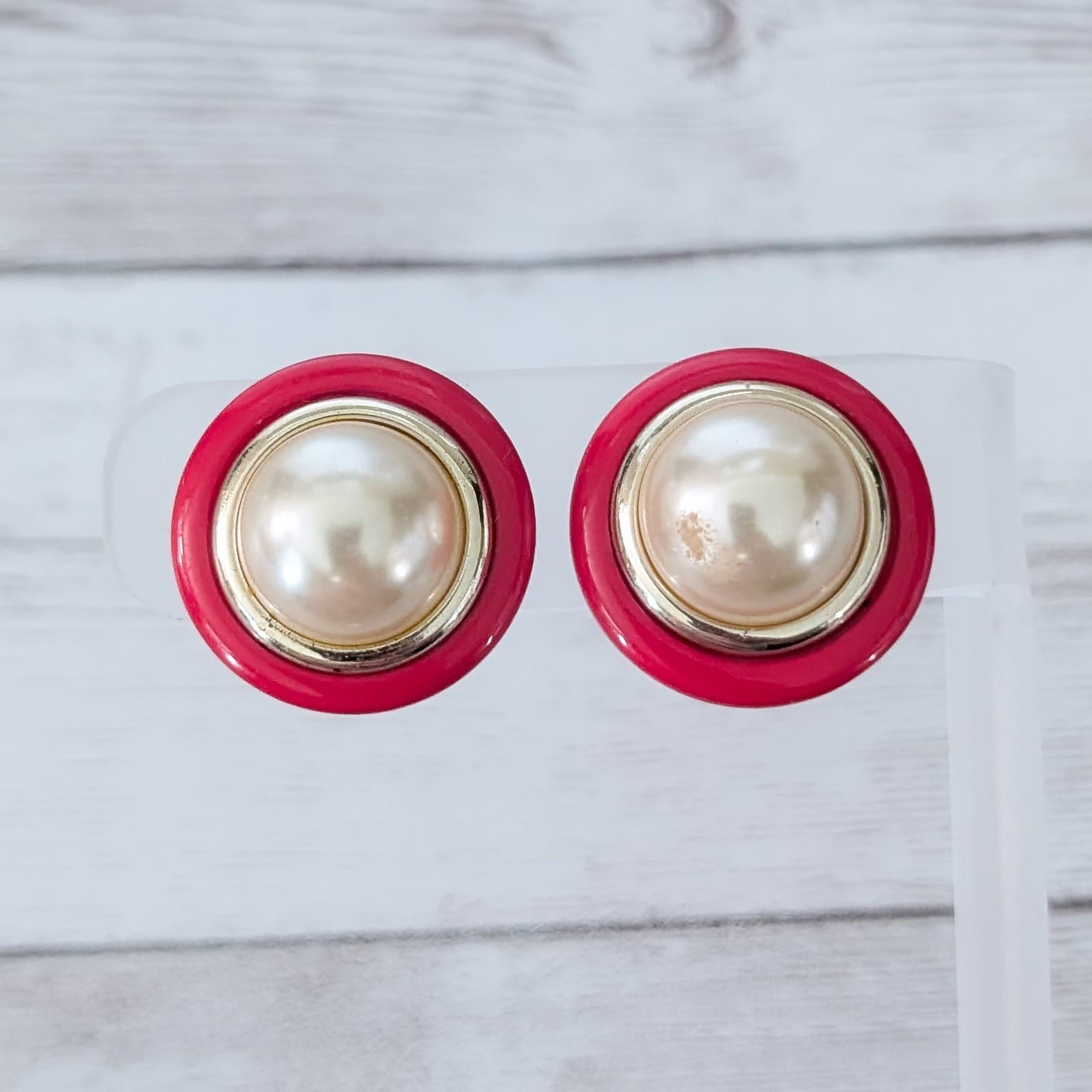 Vintage Clip On Earrings Faux Pearl with Red & Gold Tone Halo