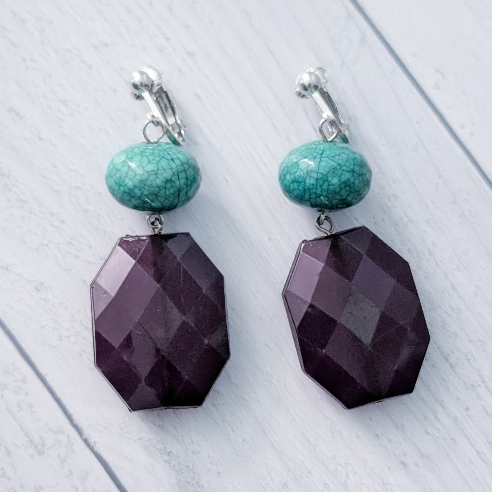 Vintage Clip On Earrings 1.25" Dark Purple & Turquoise Tone Large Chunky Dangle