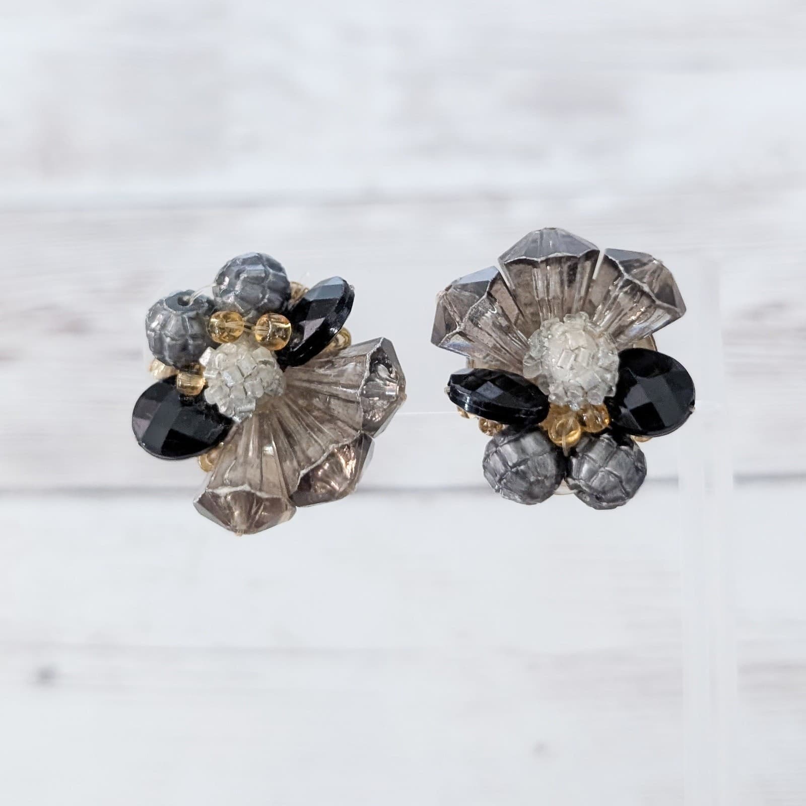 Vintage Clip On Earrings Unusual Dark Tones Cluster Large Statement