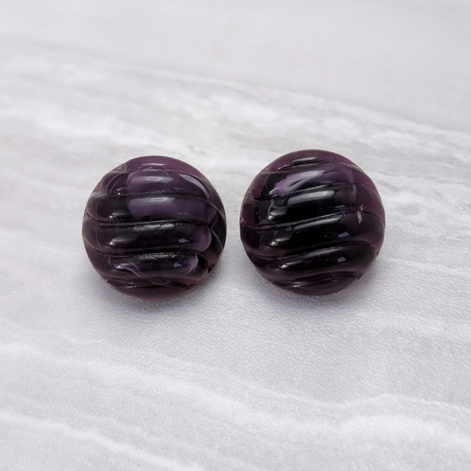 Vintage Stud Earrings Purple Domed Circle with Ridges Retro Statement