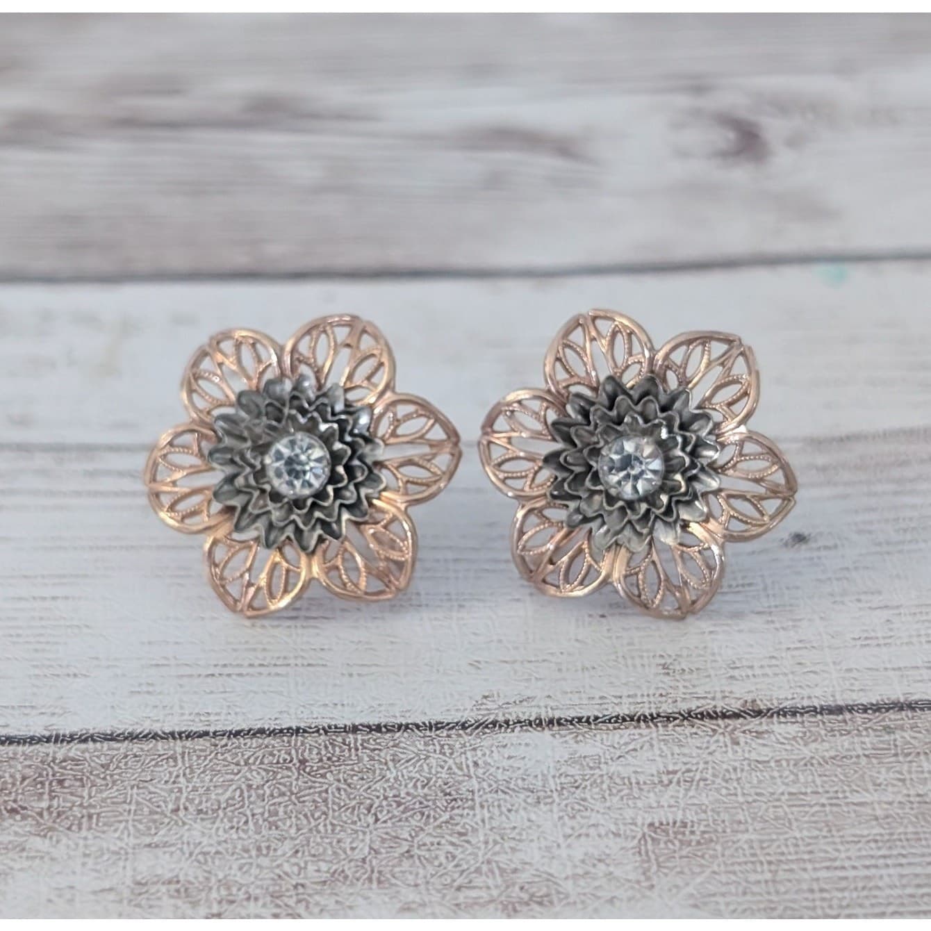 Vintage Screw On Earrings - Two Tone Flower with Clear Gem