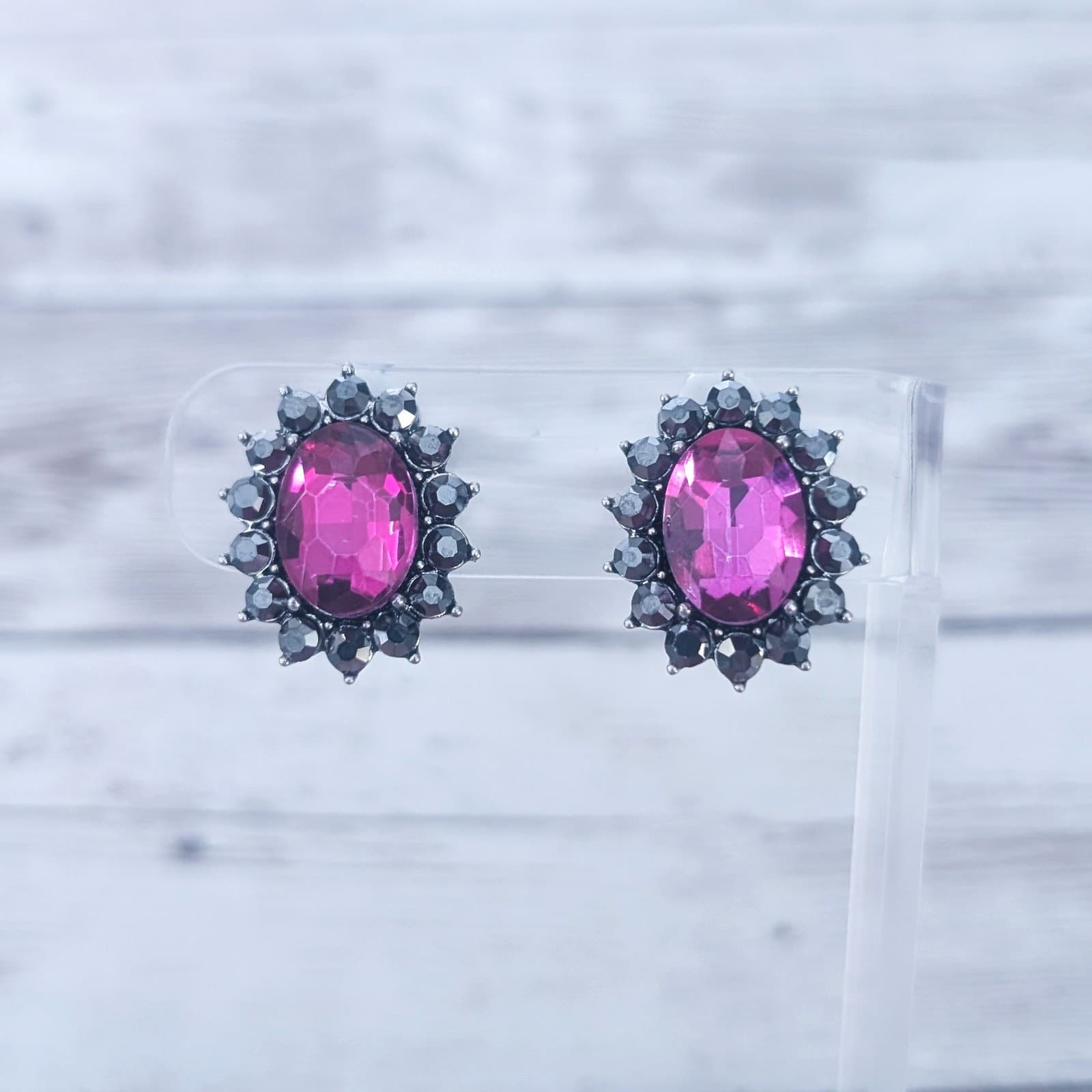 Vintage Clip On Earrings Regal Statement Pink & Black Gems Oval