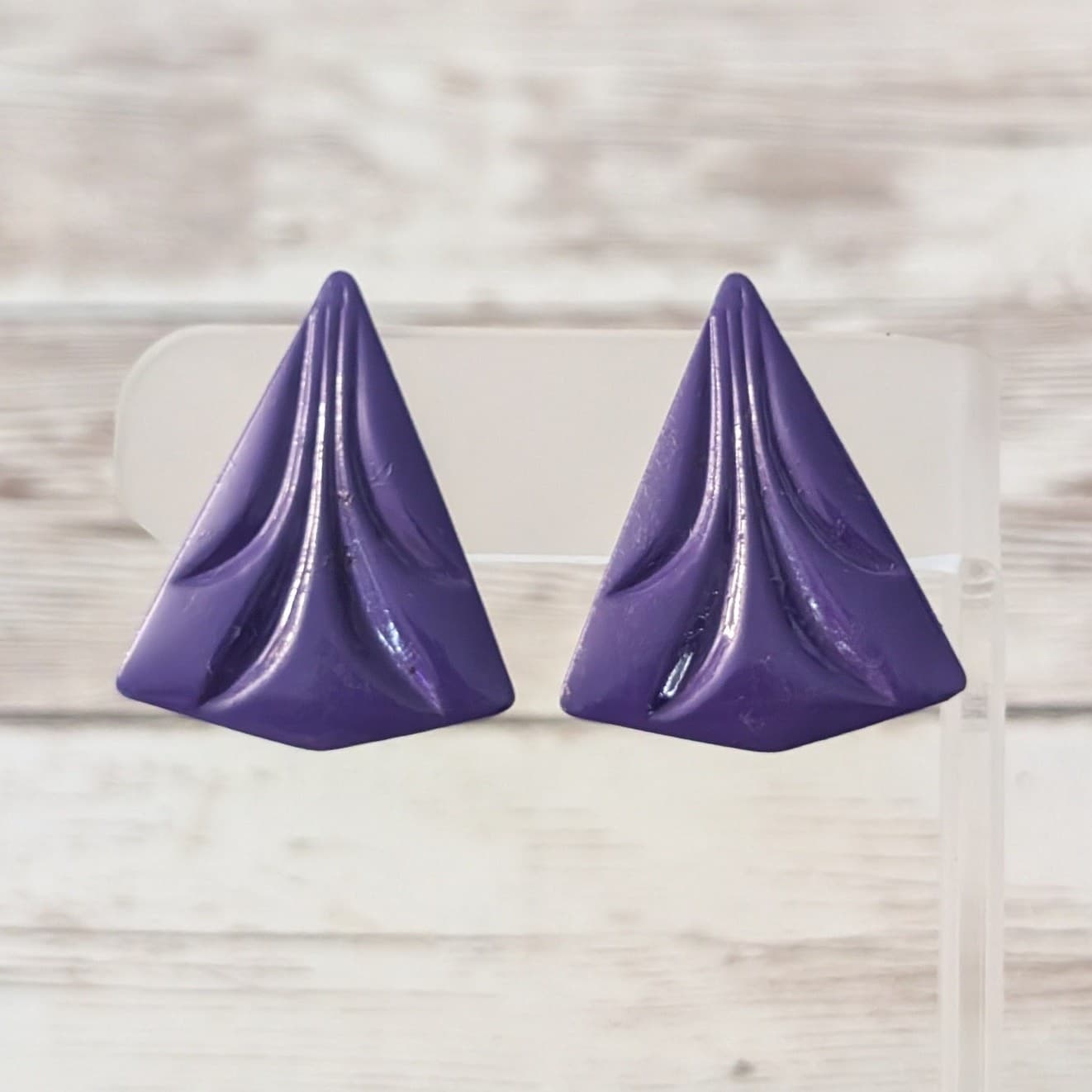 Vintage Clip On Earrings Retro Deep Purple Statement Triangle 1.25" large
