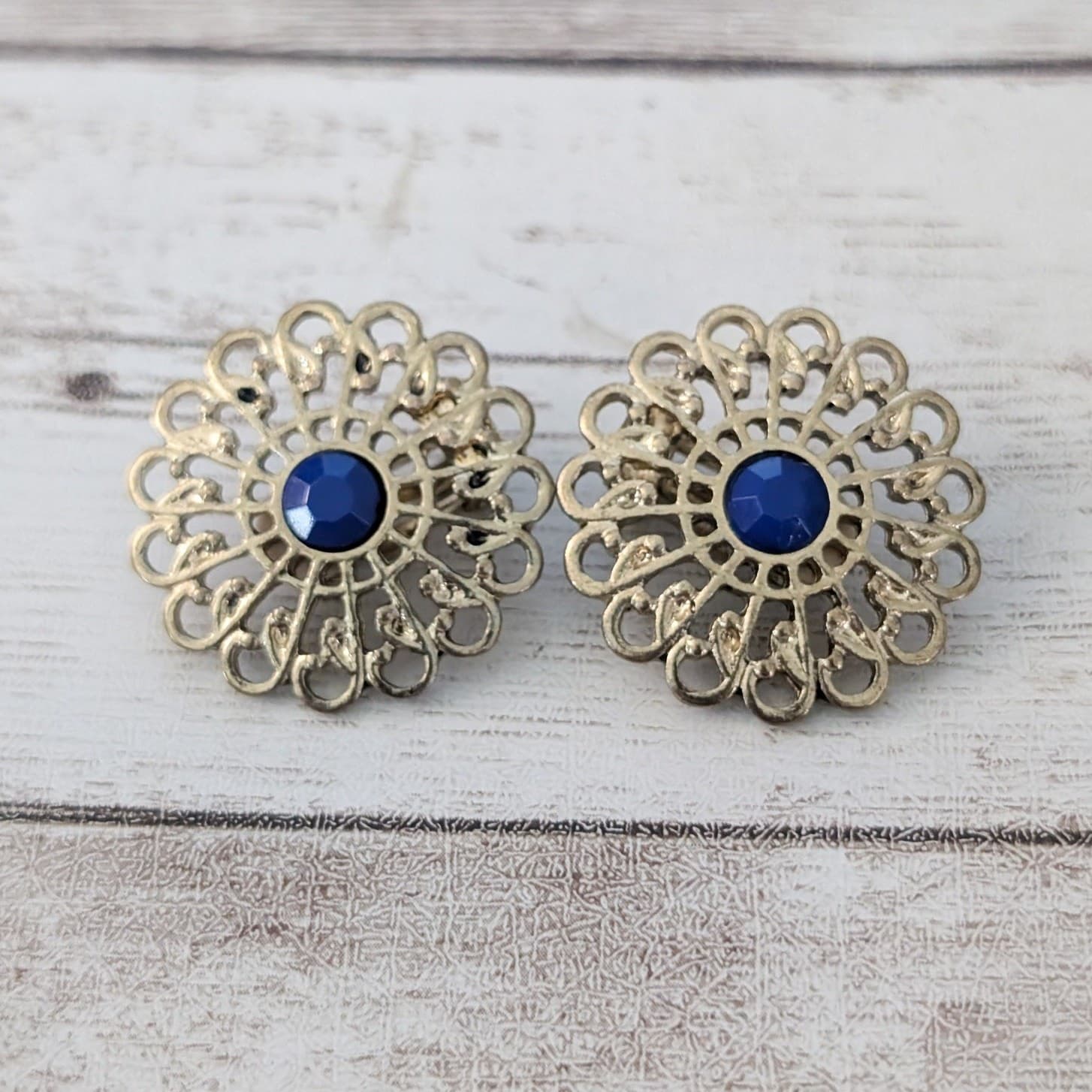 Vintage Clip On Earrings Large Ornate Antique Gold Tone with Blue Center