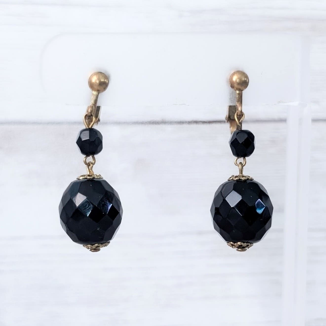 Vintage Clip On Earrings - Black Glass? Dangle Drop Earrings - Stamped Austria