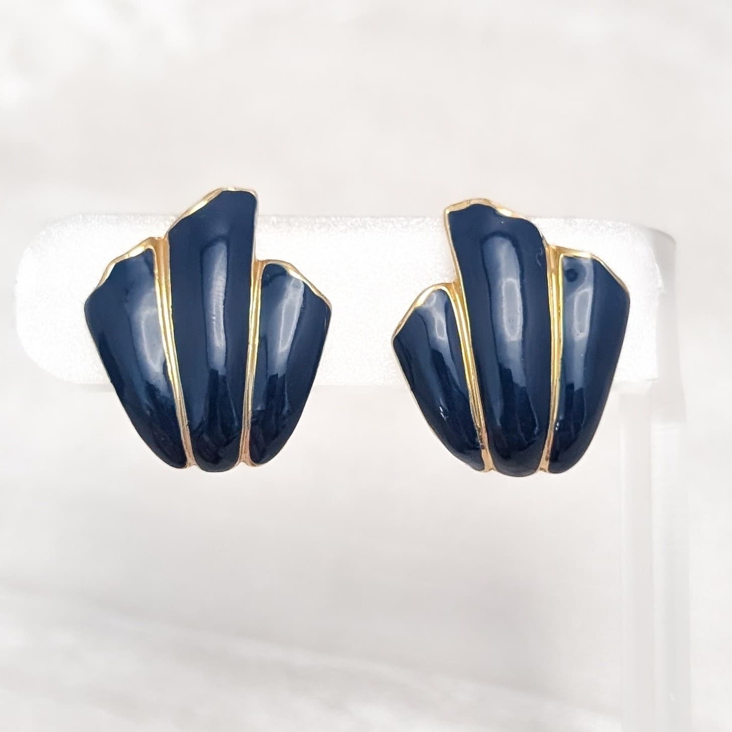 Vintage Clip On Earrings Statement Gold Tone with Blue Enamel Stylish 1"