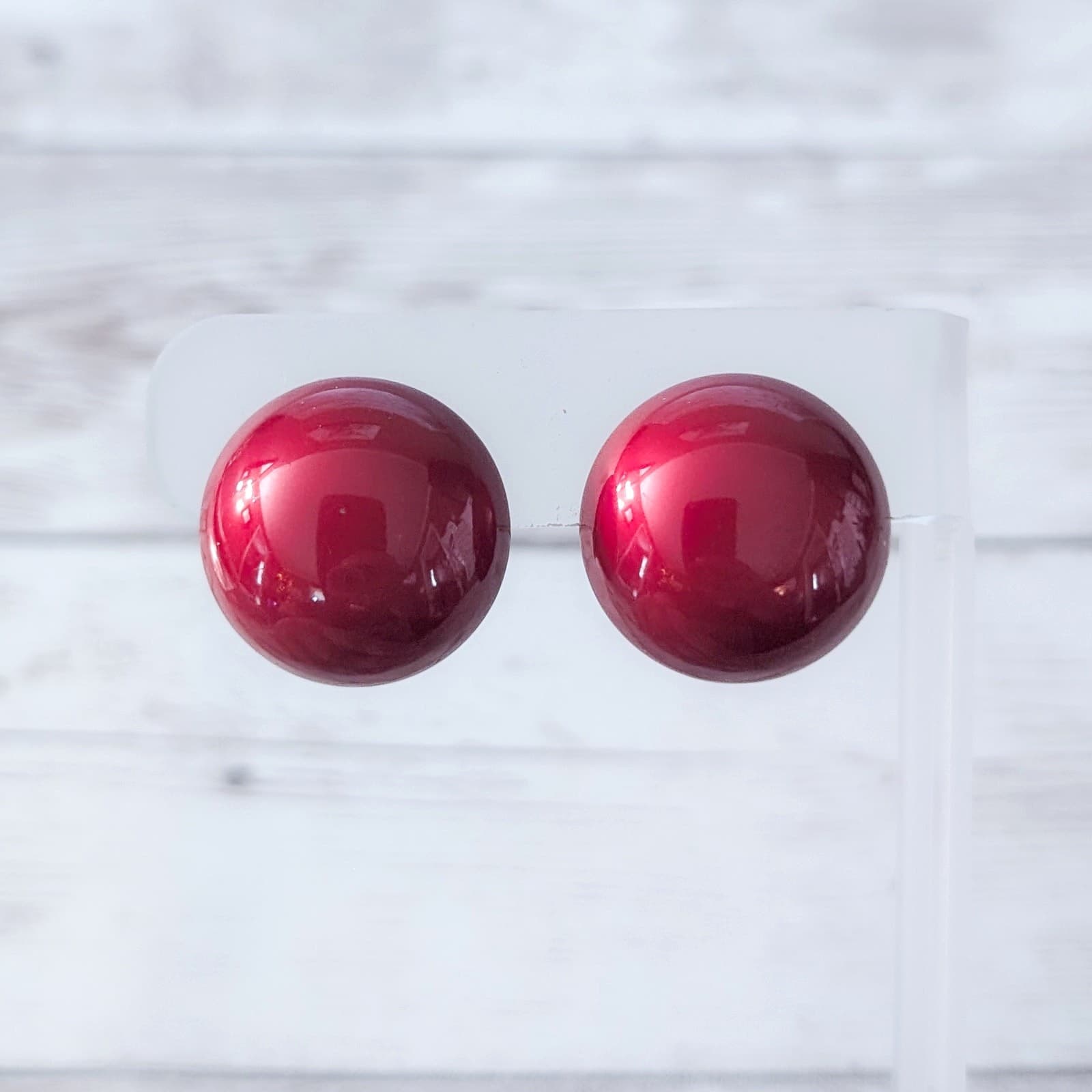 Vintage Clip On Earrings Retro Domed Circle Button Style Deep Red 7/8"