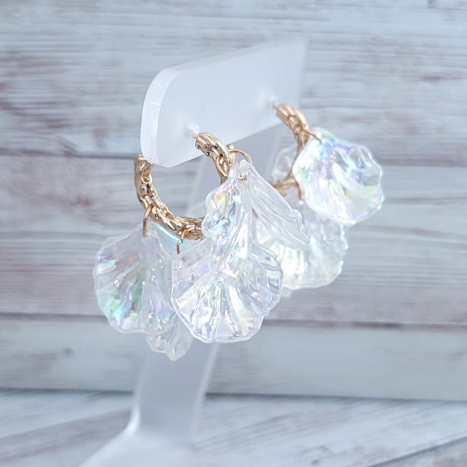 Vintage Stud Earrings Gold Tone Hoops Large Clear / Iridescent Dangles