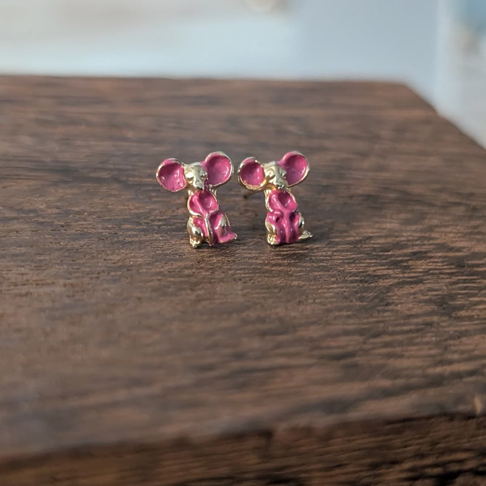 Vintage Stud Earrings Pink & Gold Tone Mouse - Very Small & Dainty