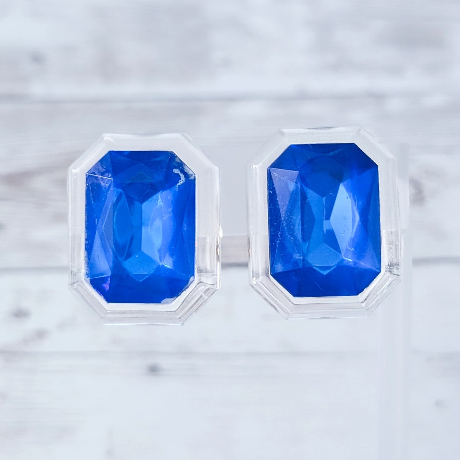 Vintage Clip On Earrings - Large Clear & Blue Statement Earrings 1.25" Glam
