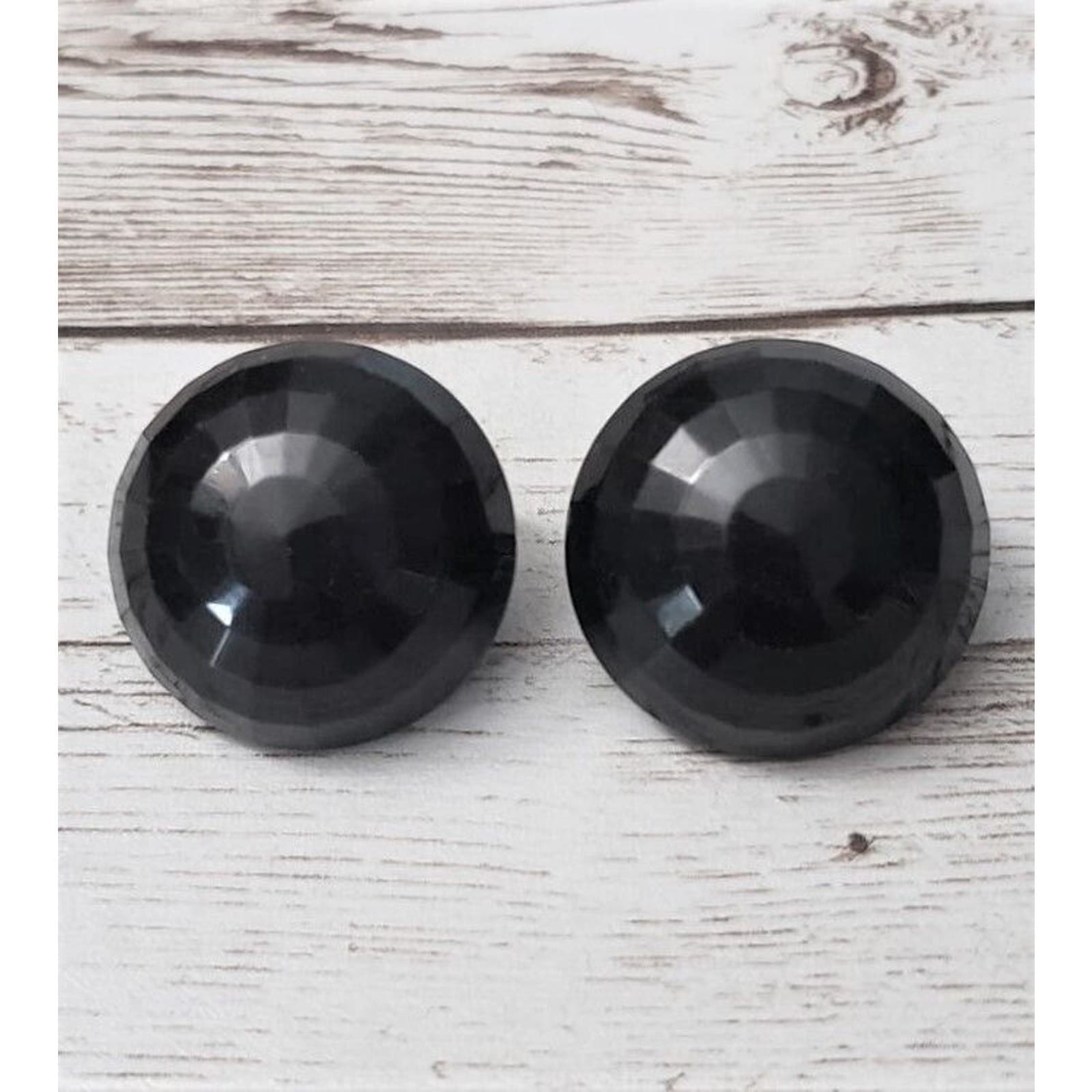 Vintage Clip On Earrings - Just Under 1" - Faceted Black Domed Circle