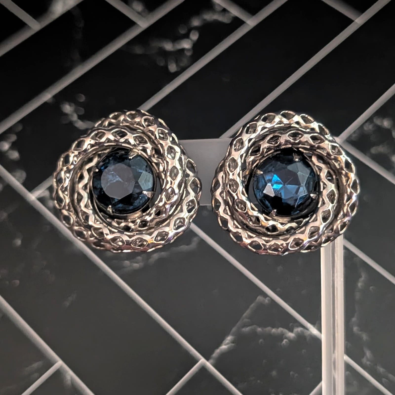 Vintage Clip On Earrings Extra Large Chunky Blue Gem, Dark Silver Tone Statement