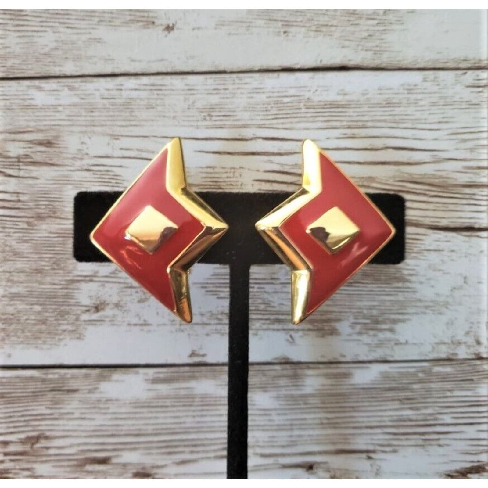Vintage Clip On Earrings - Statement Gold Tone & Red Stylish Large Retro
