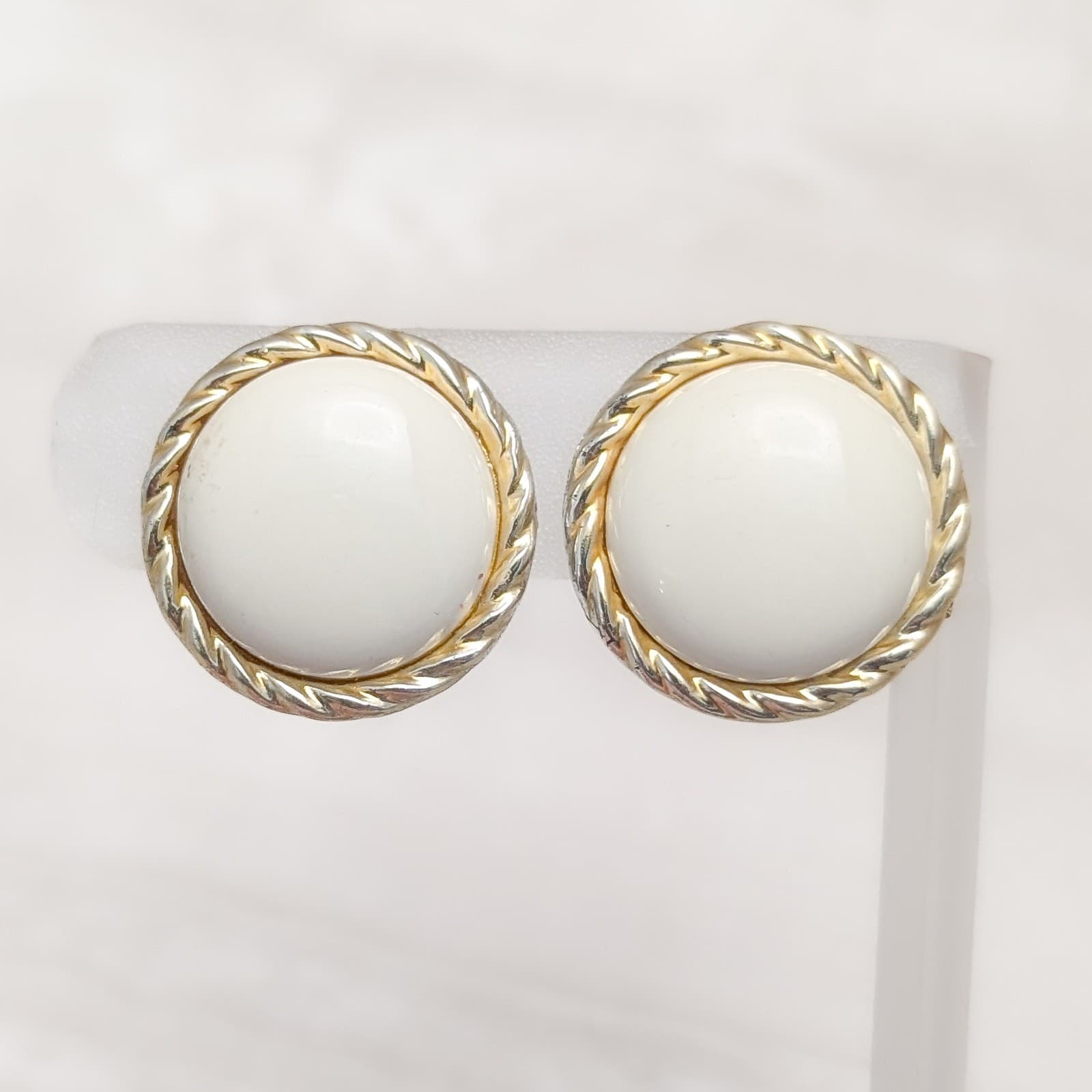 Vintage Clip On Earrings Domed Off White with Twisted Gold Tone Halo Large