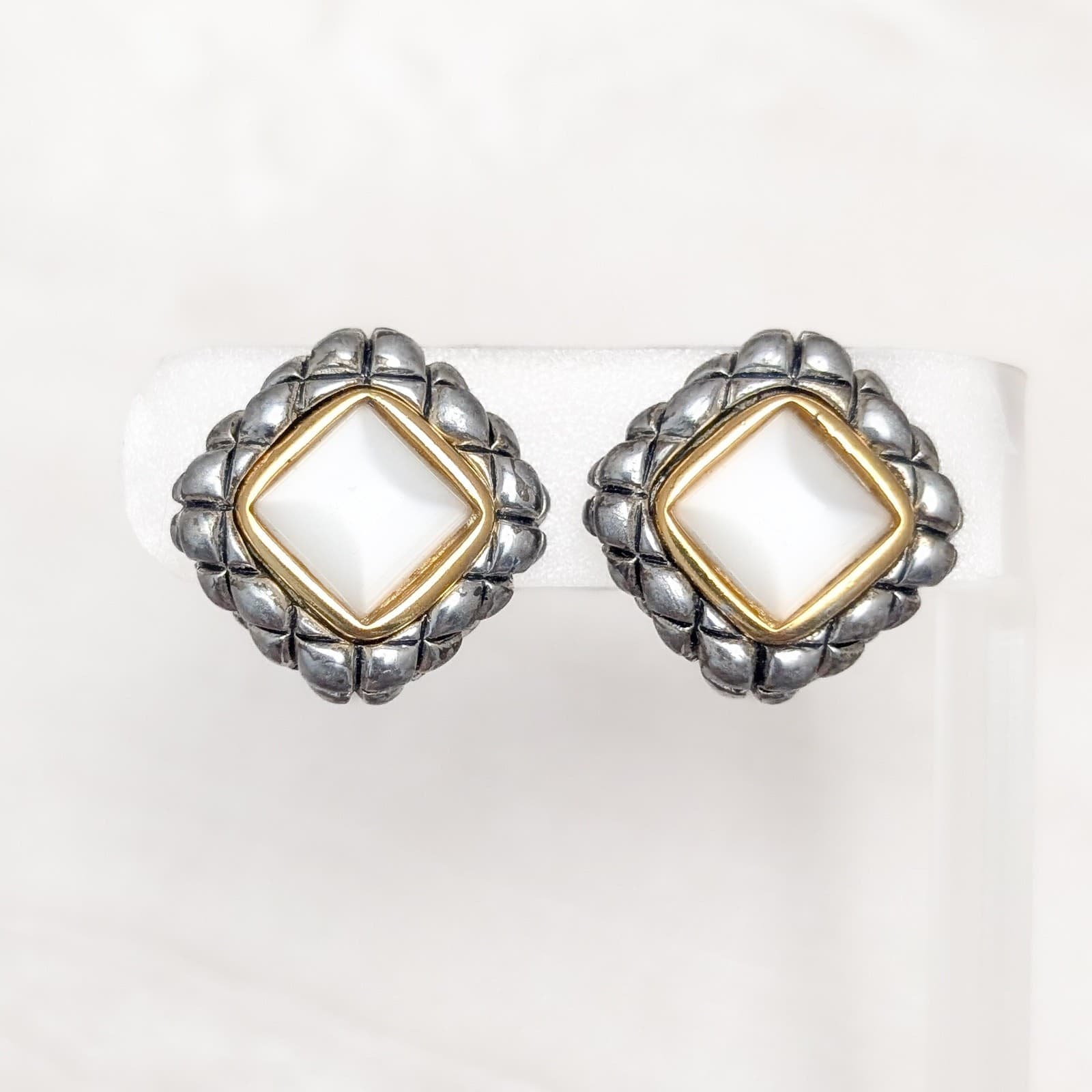 Vintage Clip On Earrings Chunky Silver Tone, Gold Tone with Frosted Center