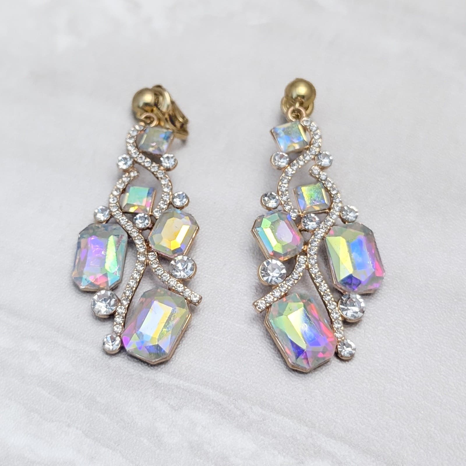 Clip On Earrings Very Large Statement Color Iridescent Drop Dangle 2 & 5/8"