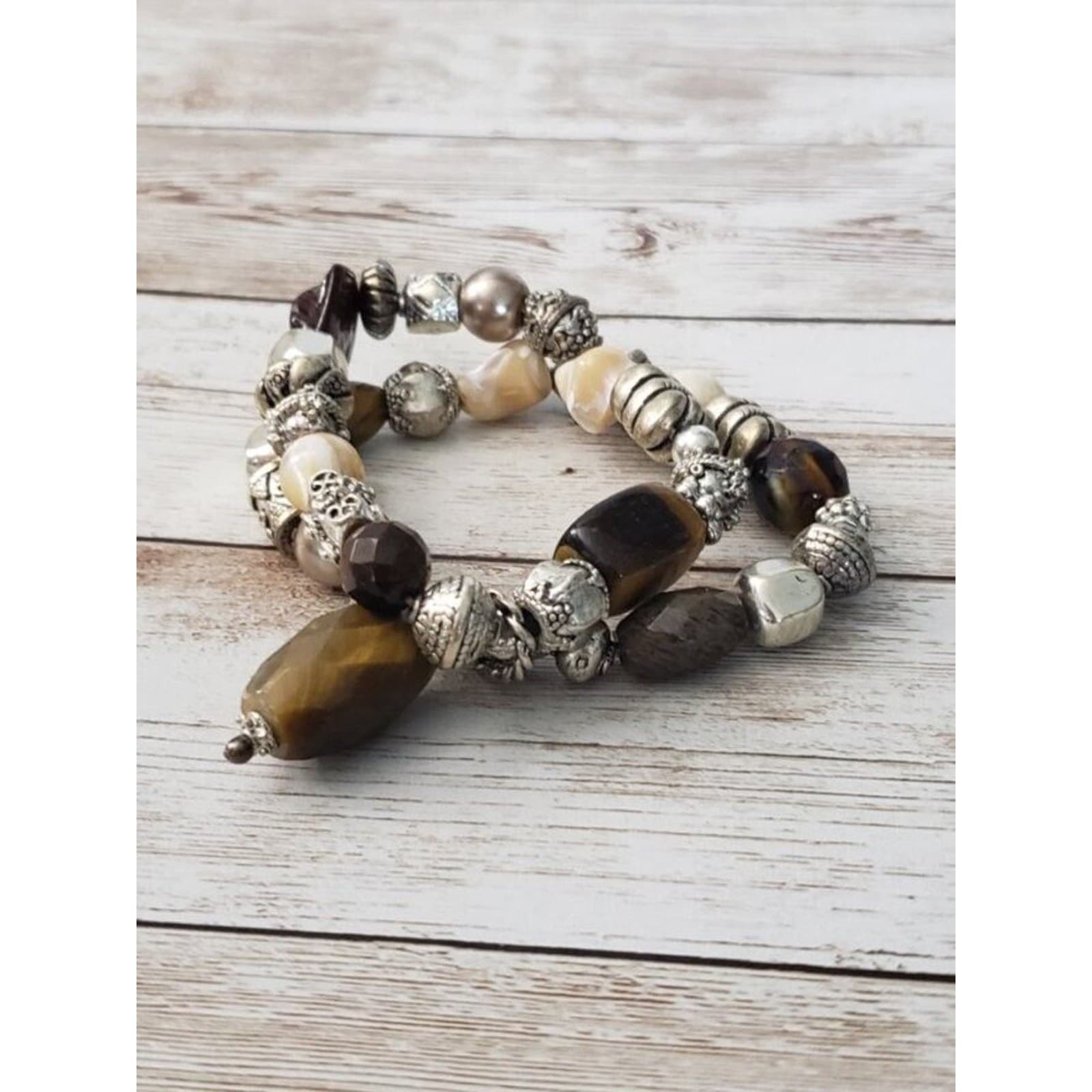 Vintage Bracelet Brown and Silver Tone Two Strand Stretch Bracelet