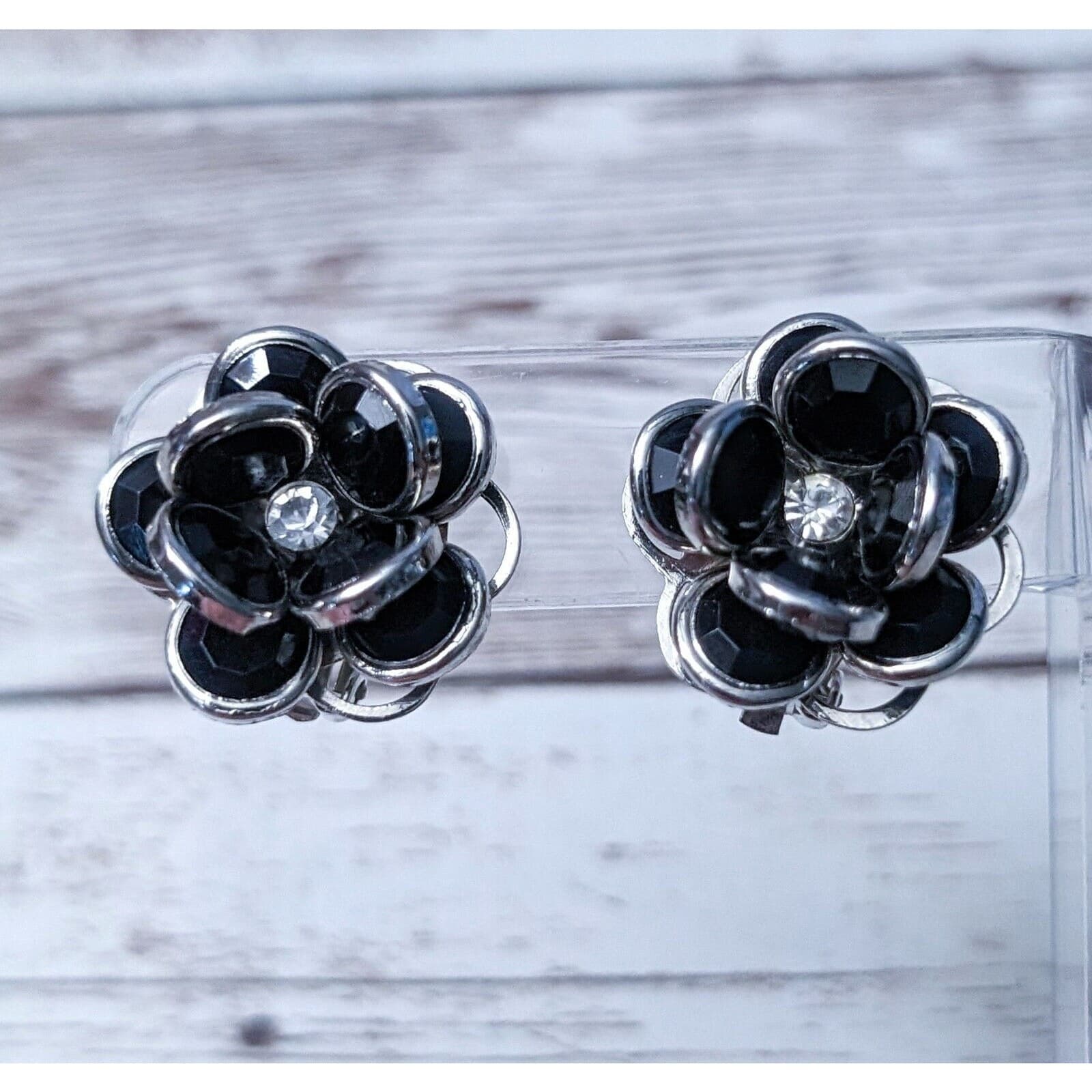 Vintage Clip On Earrings - Black & Silver Tone Flower with Clear Gem