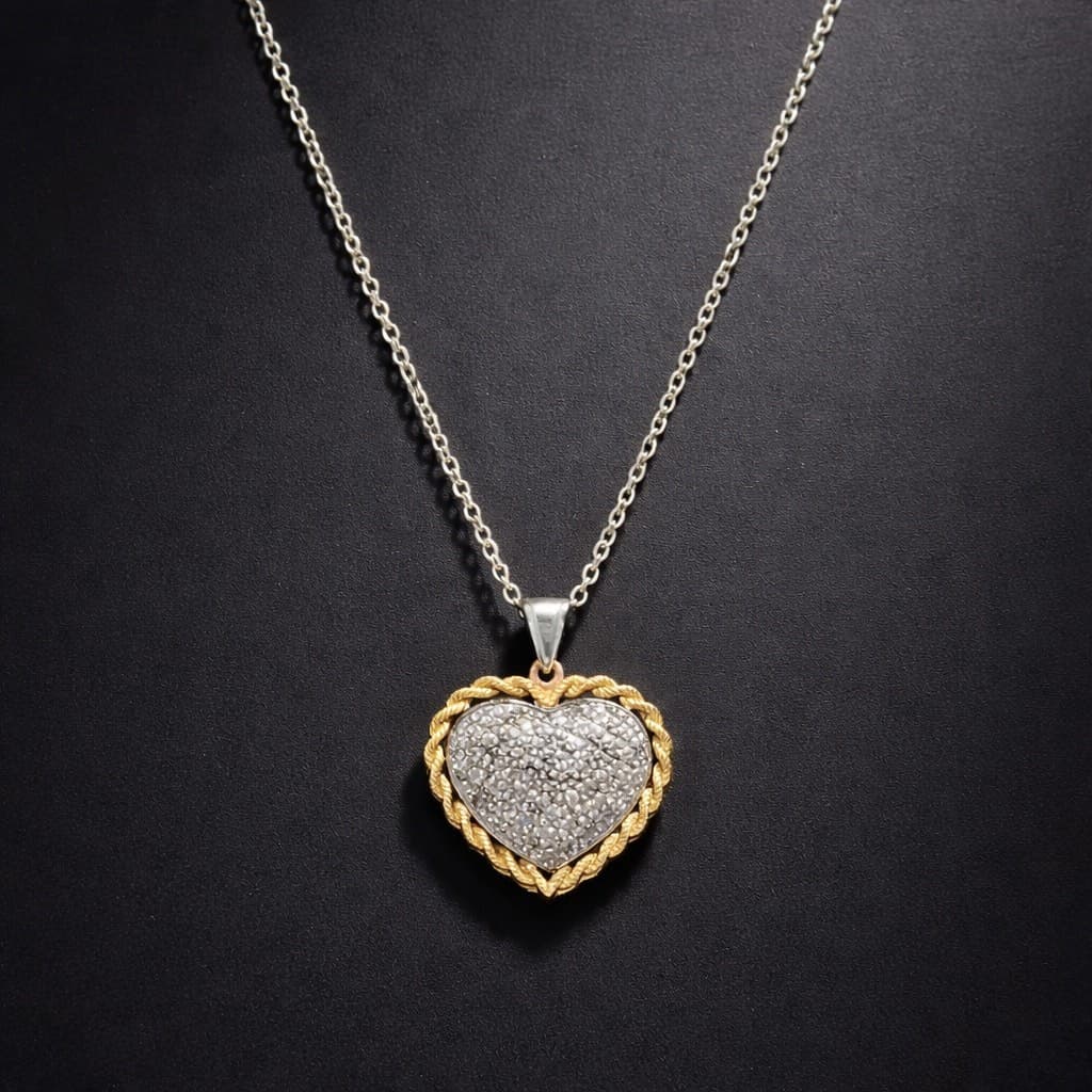 Vintage Heart Pendant Necklace 1/3 10K Gold & 925 Silver with Chain