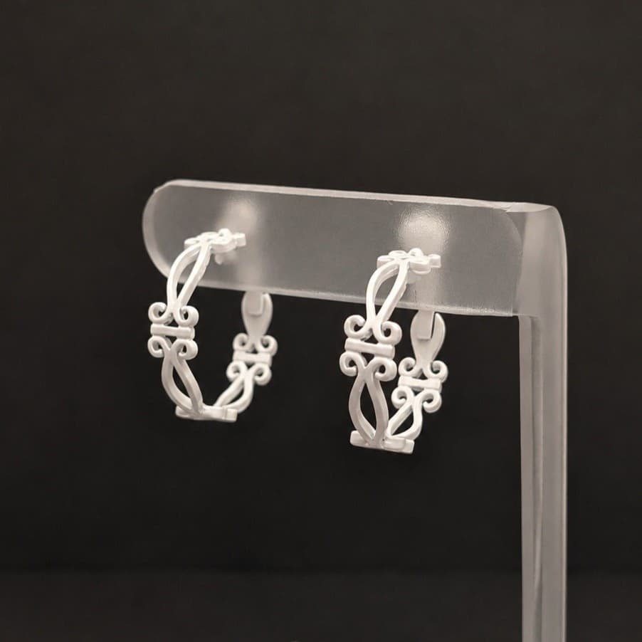 Vintage Clip On Earrings Ornate Off White Hoops 1 & 1/8" Whimsical Scroll Design
