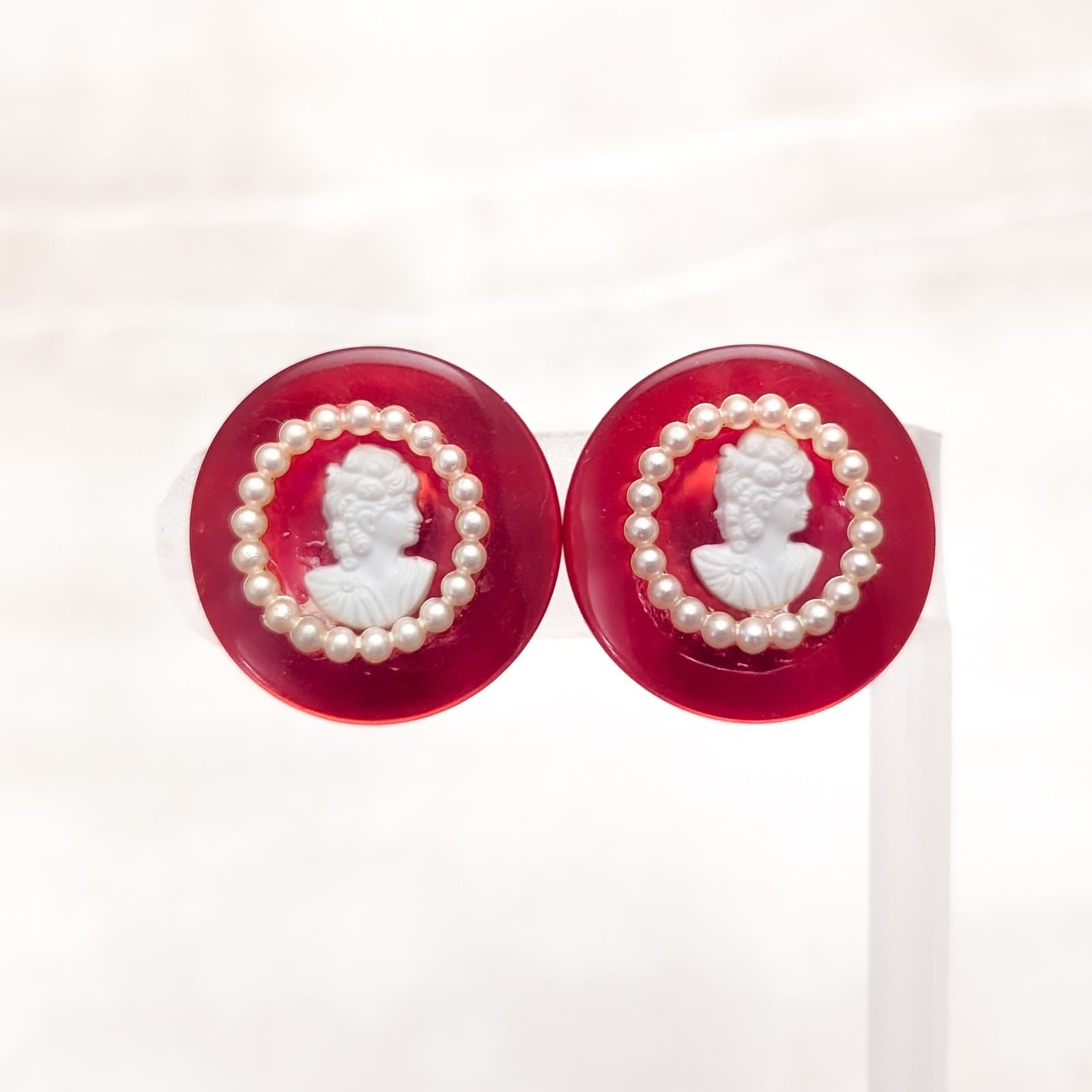 Vintage Clip On Earrings Regal Red and Cream Cameo Style Design Statement