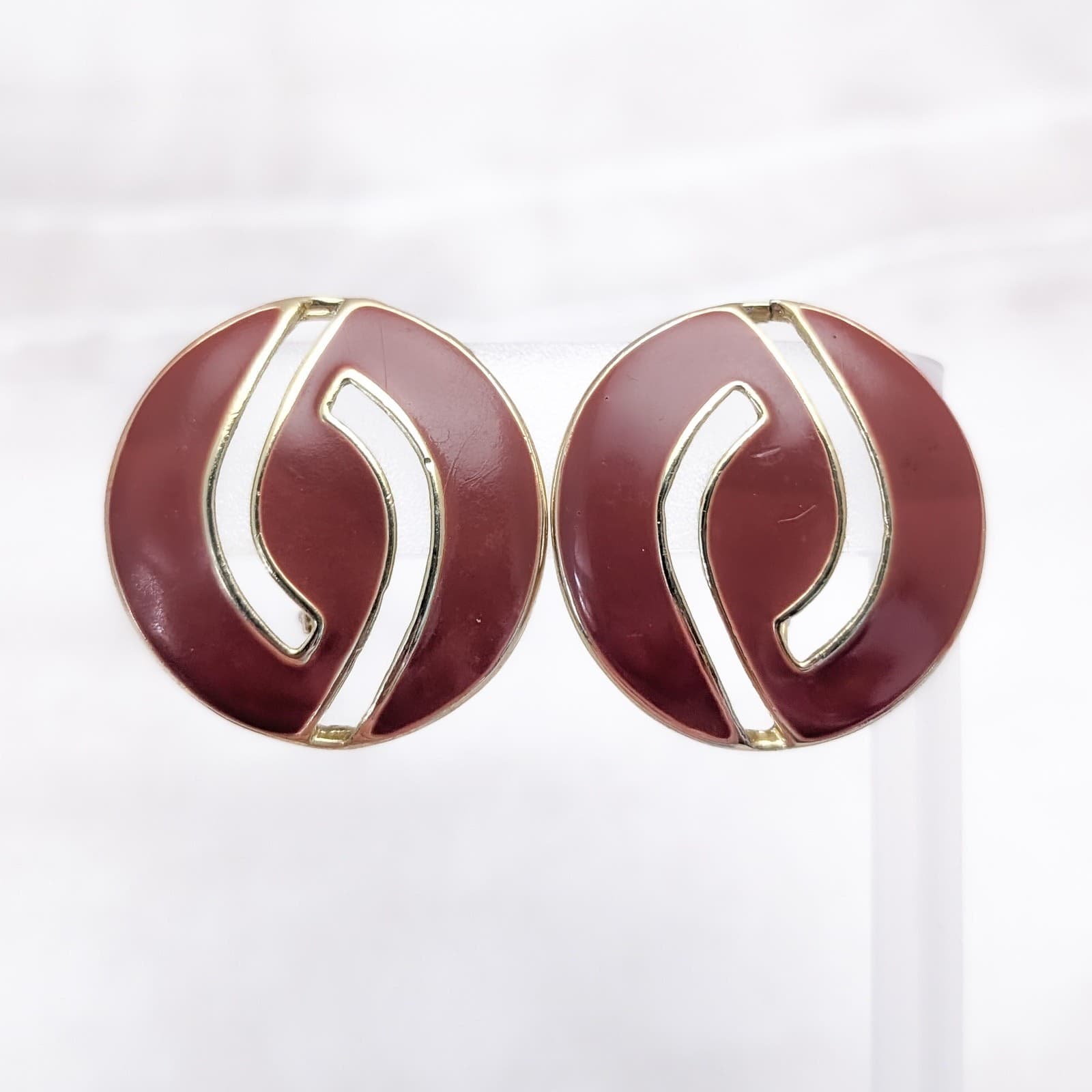 Vintage Clip On Earrings Very Large Maroon Enamel & Gold Tone Cut Out Circle