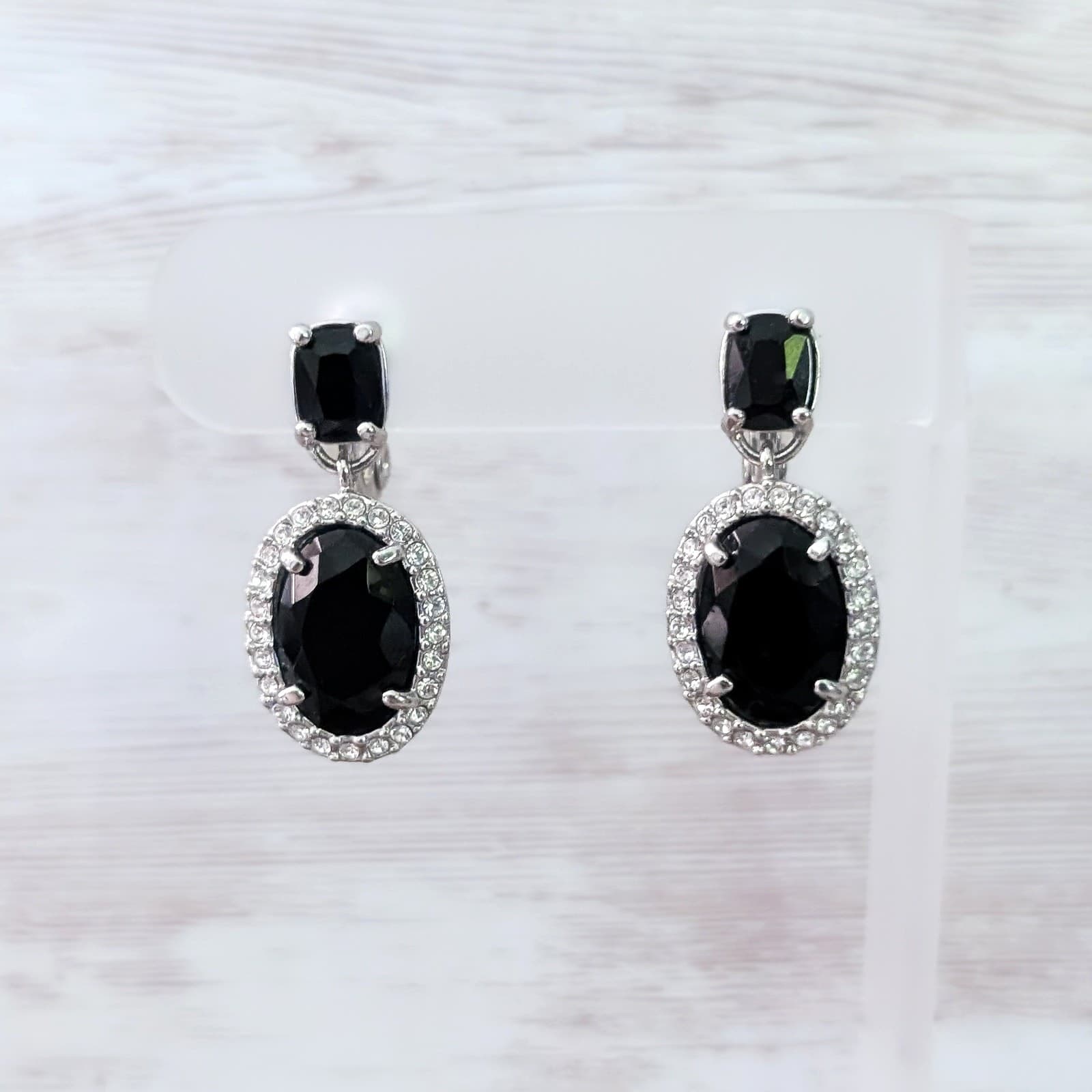 Vintage Monet Clip On Earrings Stunning Silver Tone, Black & Clear Gems