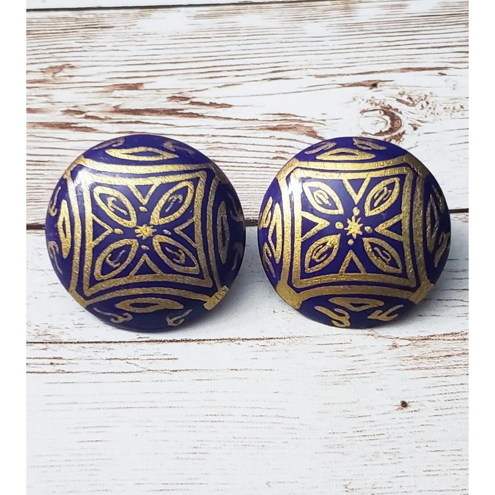 Vintage Clip On Earrings Large Statement Earrings Violet with Gold Tone Pattern