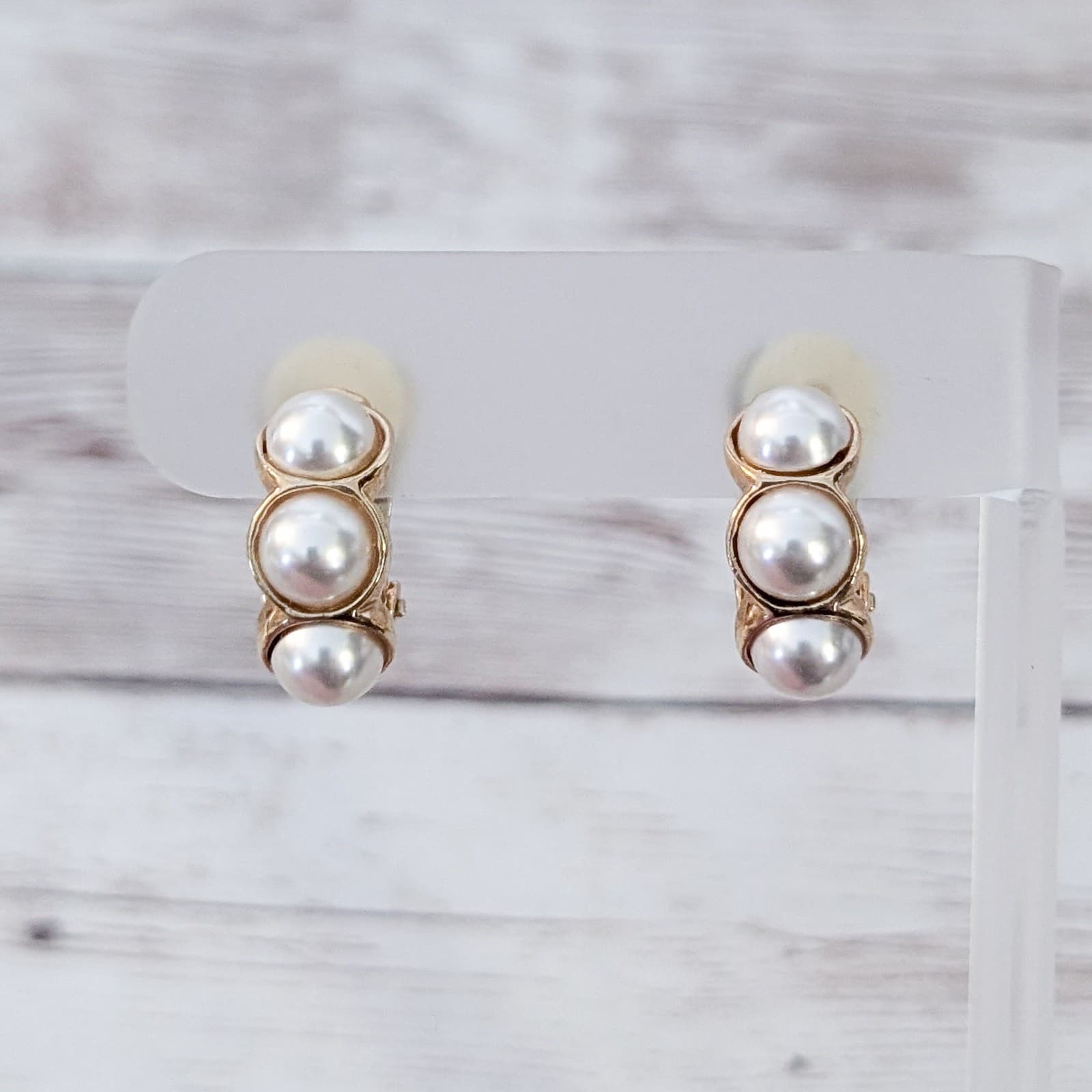 Vintage Clip On Earrings Faux Pearl Half Hoop Trio Classic Statement