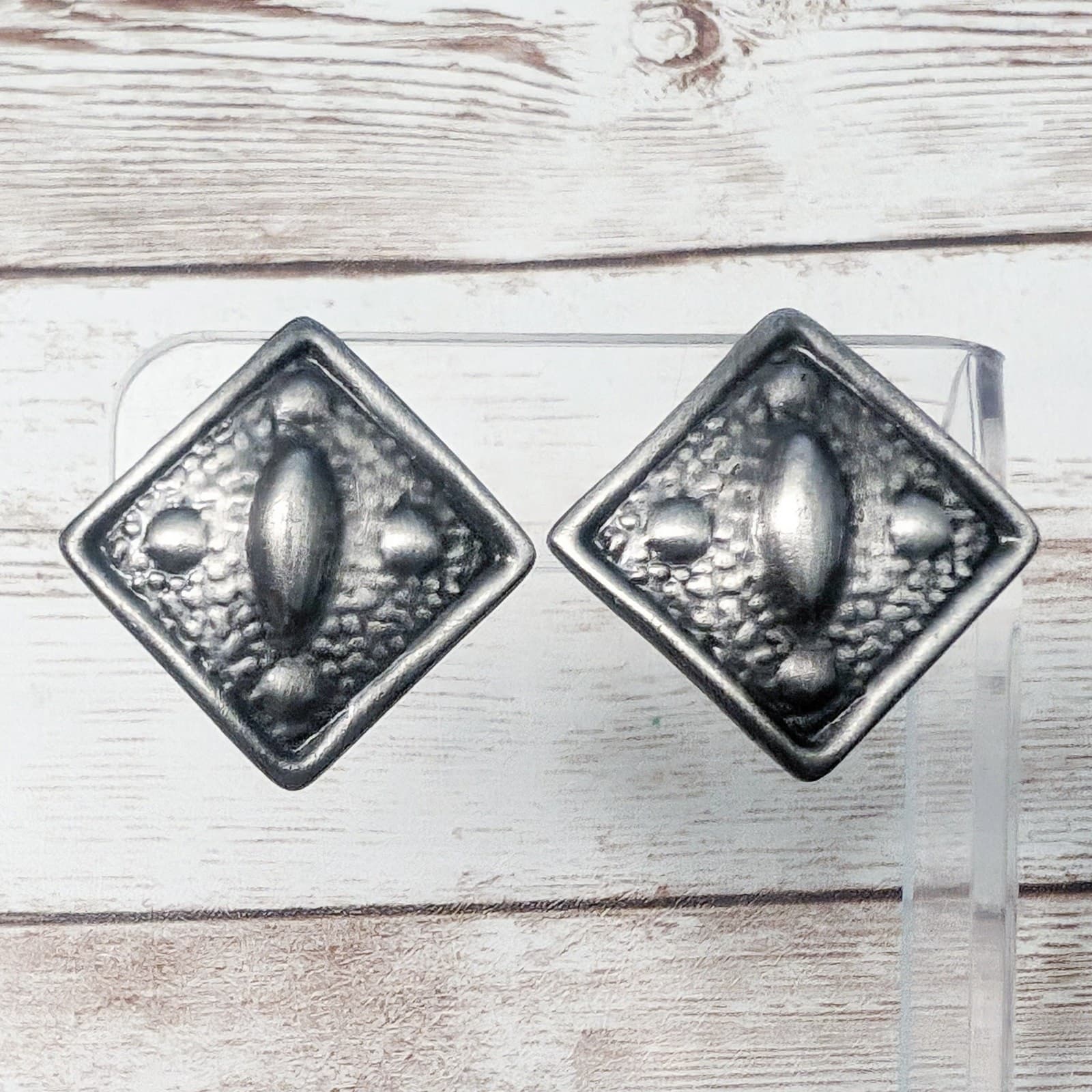 Vintage Clip On Earrings - Dark Silver Tone Diamond Shape with Design