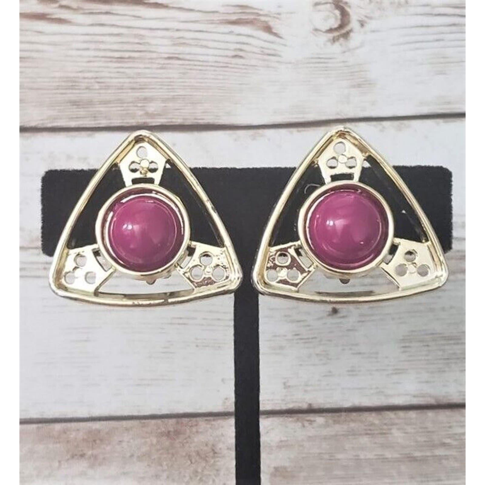 Vintage Clip On Earrings Unusual Triangle Shape Gold Tone & Dark Pink