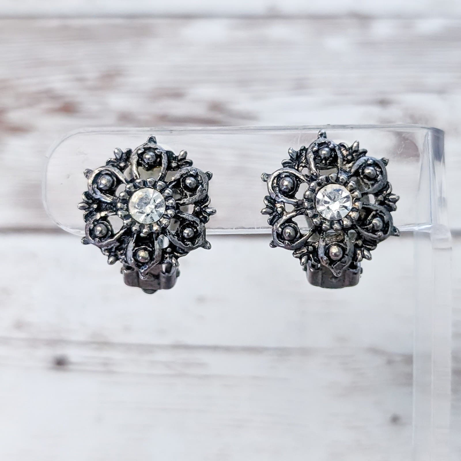 Vintage Clip On Earrings Dark Silver Tone & Clear Gem Ornate