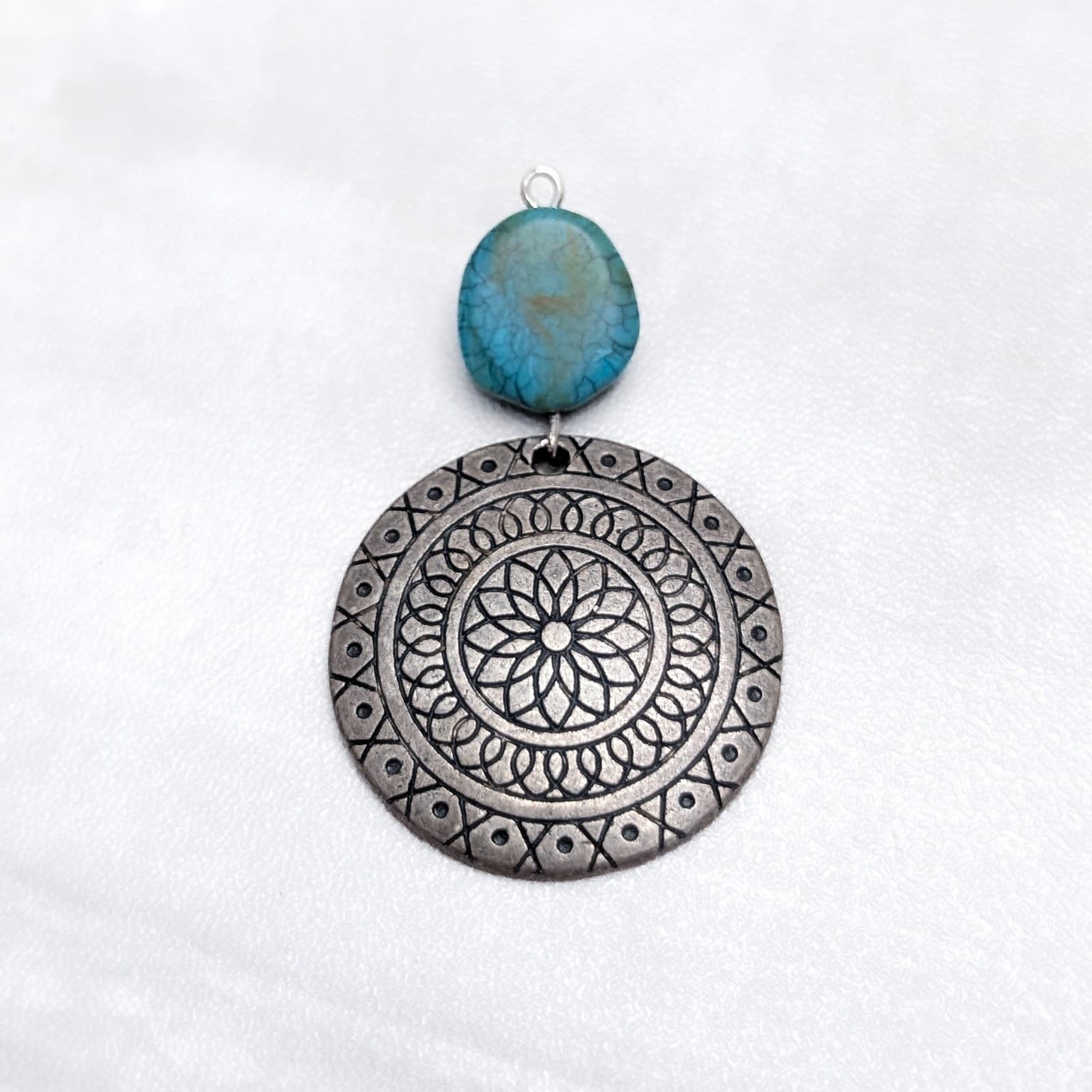 Vintage Pendant - Distressed Silver Tone Patterned Circle with Turquoise Tone