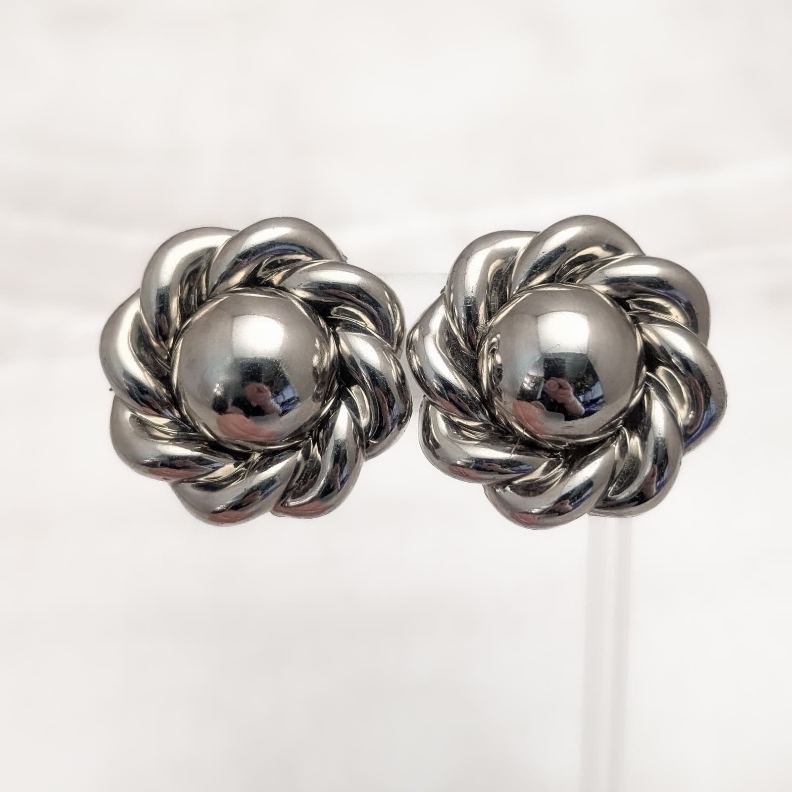 Vintage Clip On Earrings Extra Large Silver Tone Chunky Twist Halo Statement