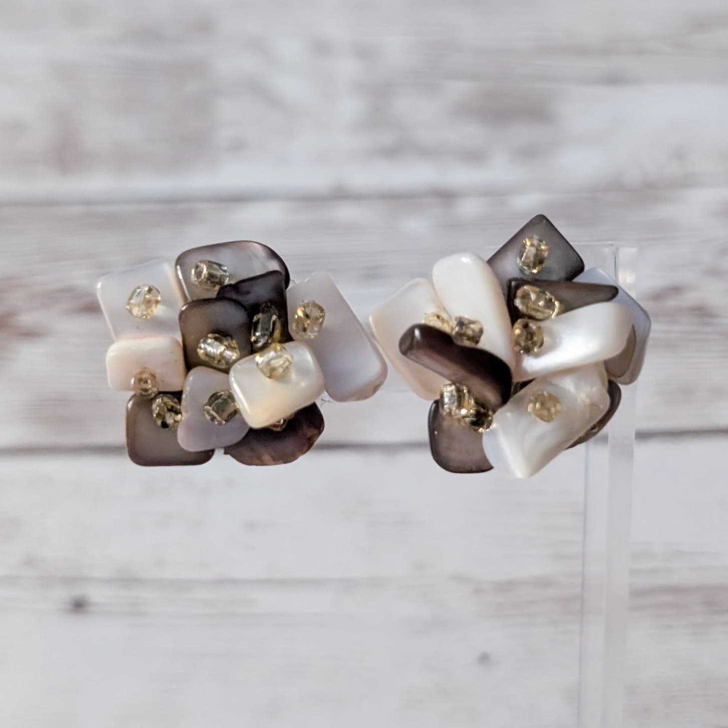 Vintage Clip On Earrings Large Cream & Brown Tones