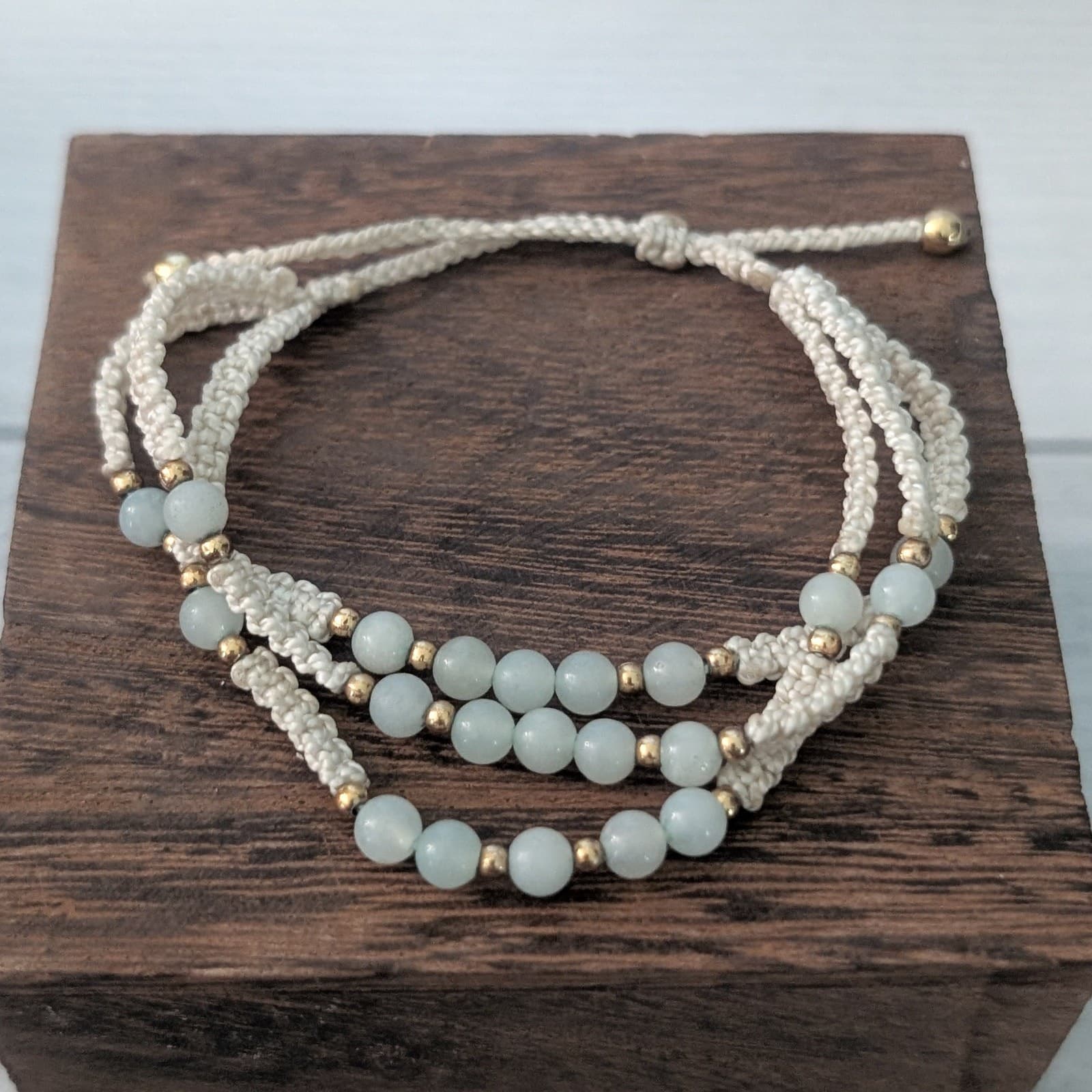 Adjustable Bracelet Multi Row Cream with Green-ish Beaded Accents