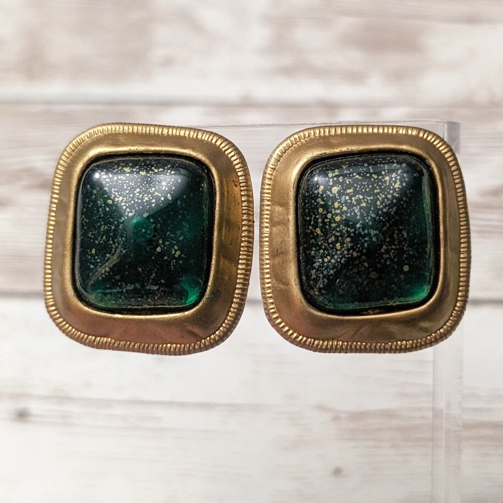 Vintage Clip On Earrings - Rectangular Green with Antique Gold Tone Halo