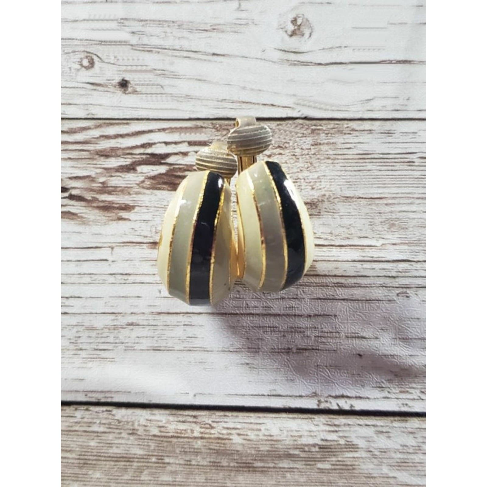 Vintage Clip On Earrings Green Cream Black and Gold Tone Half Hoop
