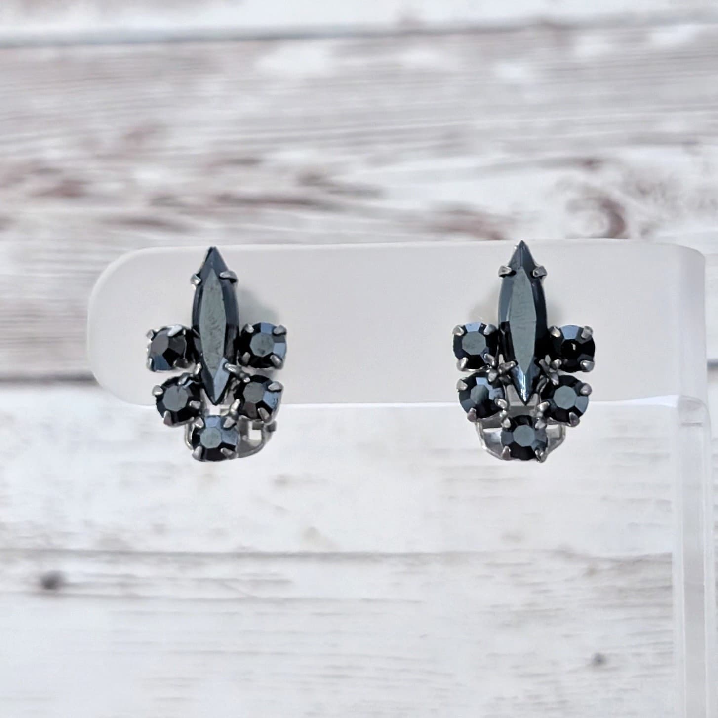 Vintage Clip On Earrings Regal Black Gems 1960's Statement