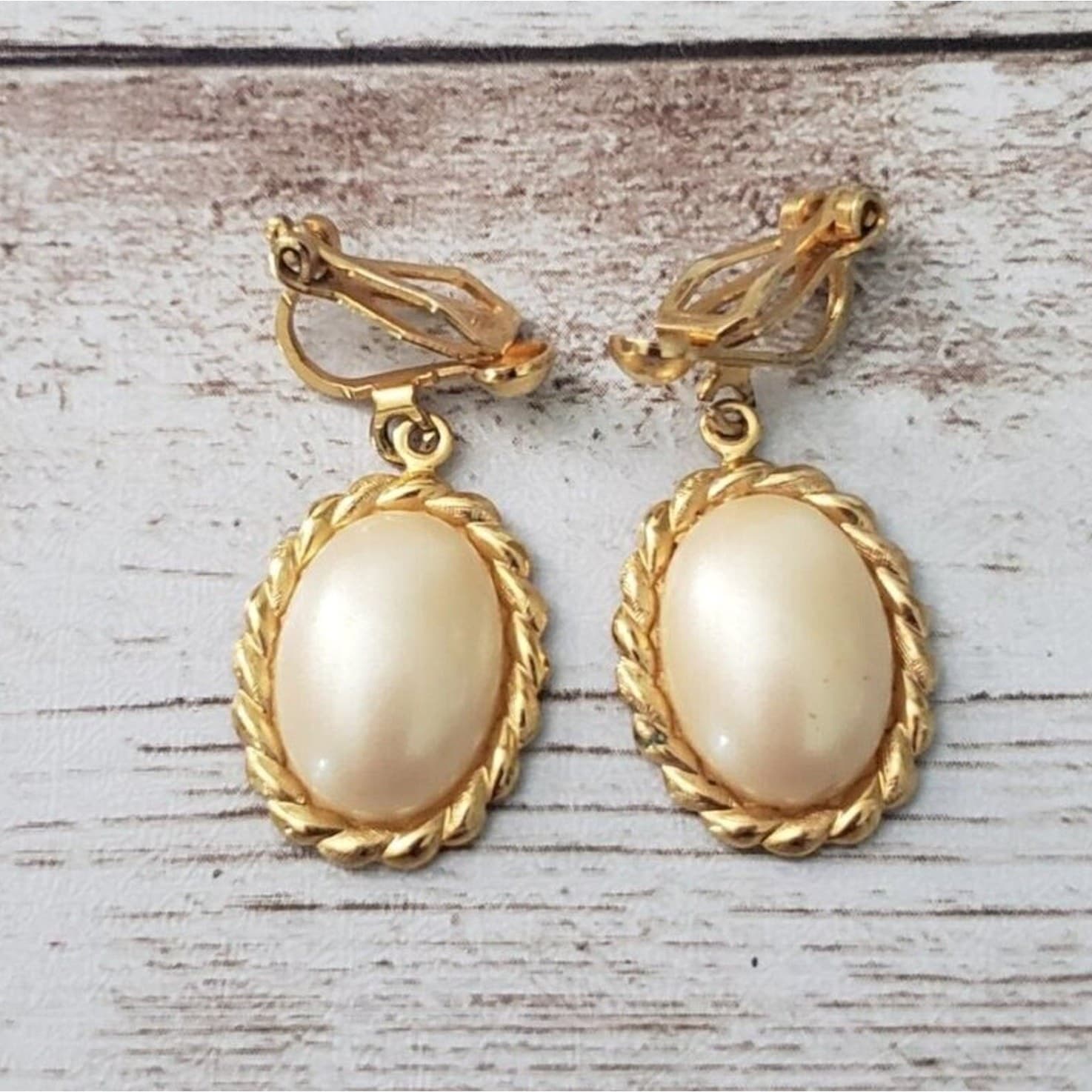 Vintage Clip On Earrings Cream Oval, Gold Tone Halo Classy Dangle Earrings